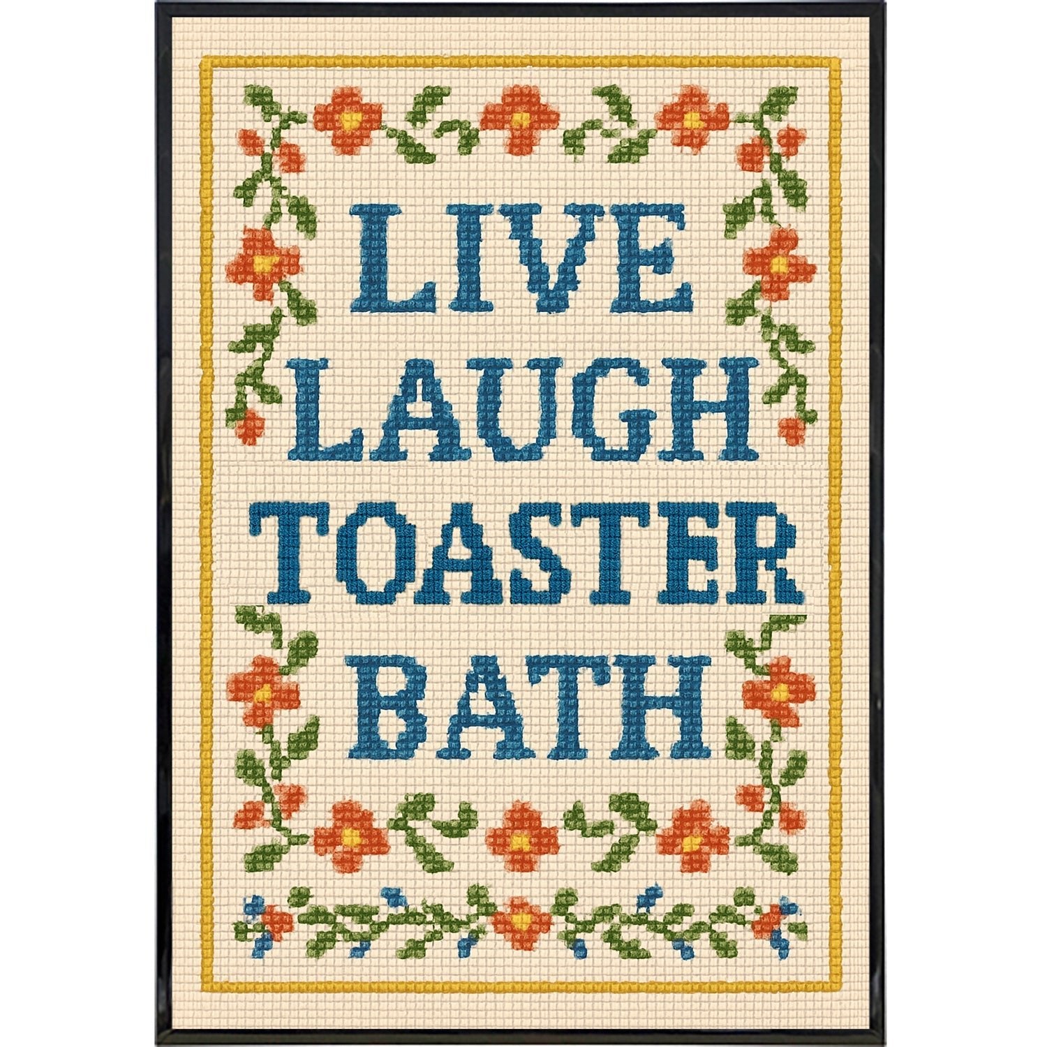 Live Laugh Toaster Bath Needlepoint Wall Art Print - Funny Kitchen Decor for Home, Office & Gifts - Perfect for Coffee Shops, Bathrooms & Humor Lovers