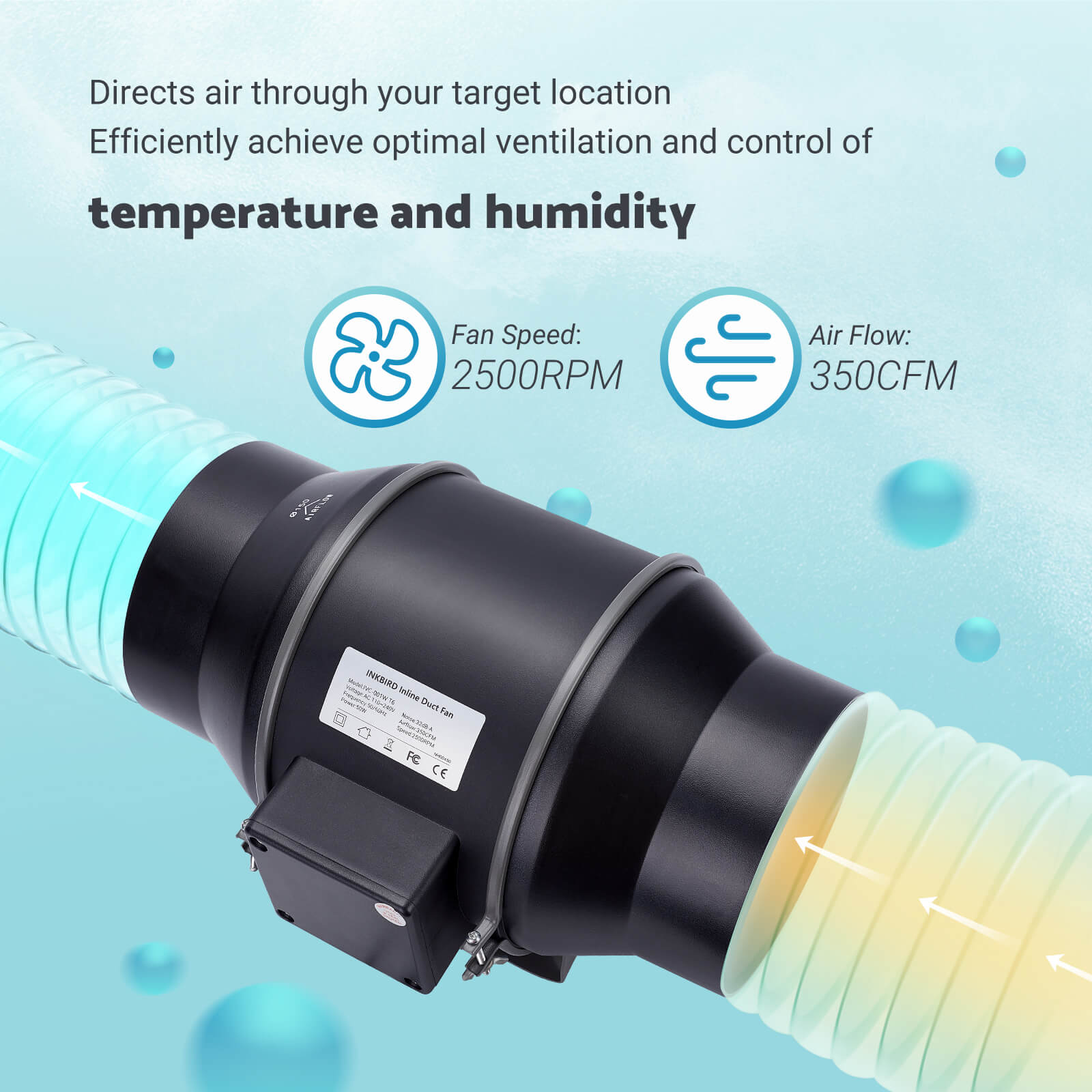 6 Inch Smart Inline Duct Fan with Temperature & Humidity Controller - IVC 001W for Home Ventilation, Grow Tents, and HVAC Systems