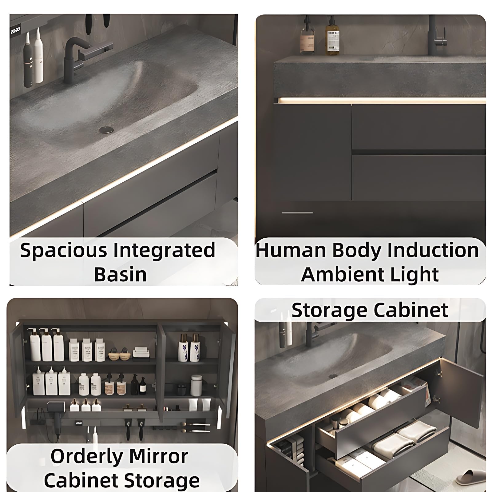 Modern Bathroom Vanity Set with LED Smart Defogging Mirror & Time Display - 40 Inch Grey Bathroom Cabinet with Sink, 2 Drawers & Large Storage Space, Easy Installation for Home & Apartment Bathrooms