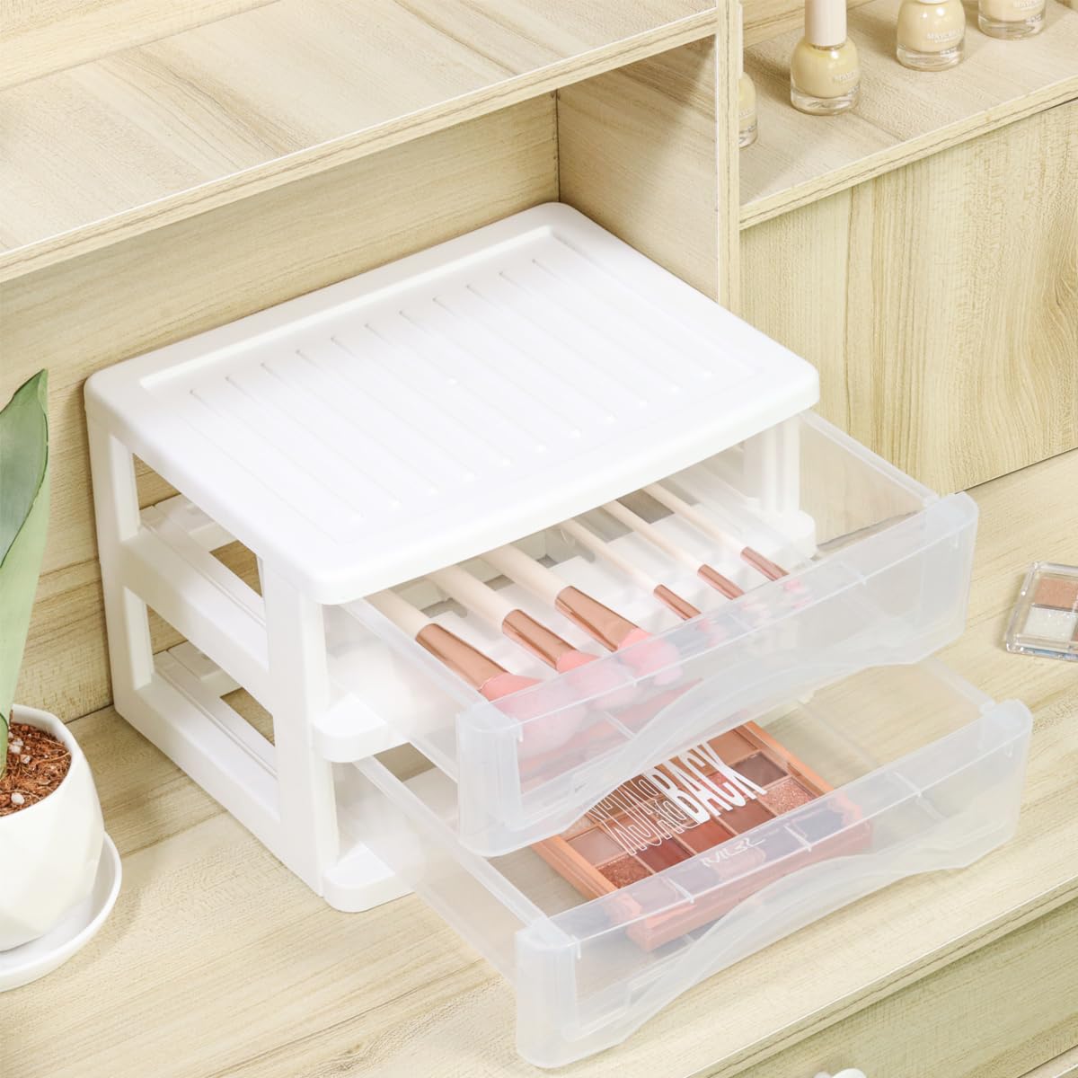 2-Pack White Plastic Desktop Organizer with 2 Drawers - Office Supplies & Makeup Storage Box for Desk Organization - Perfect for Office, School, Home & Dorm Room Use