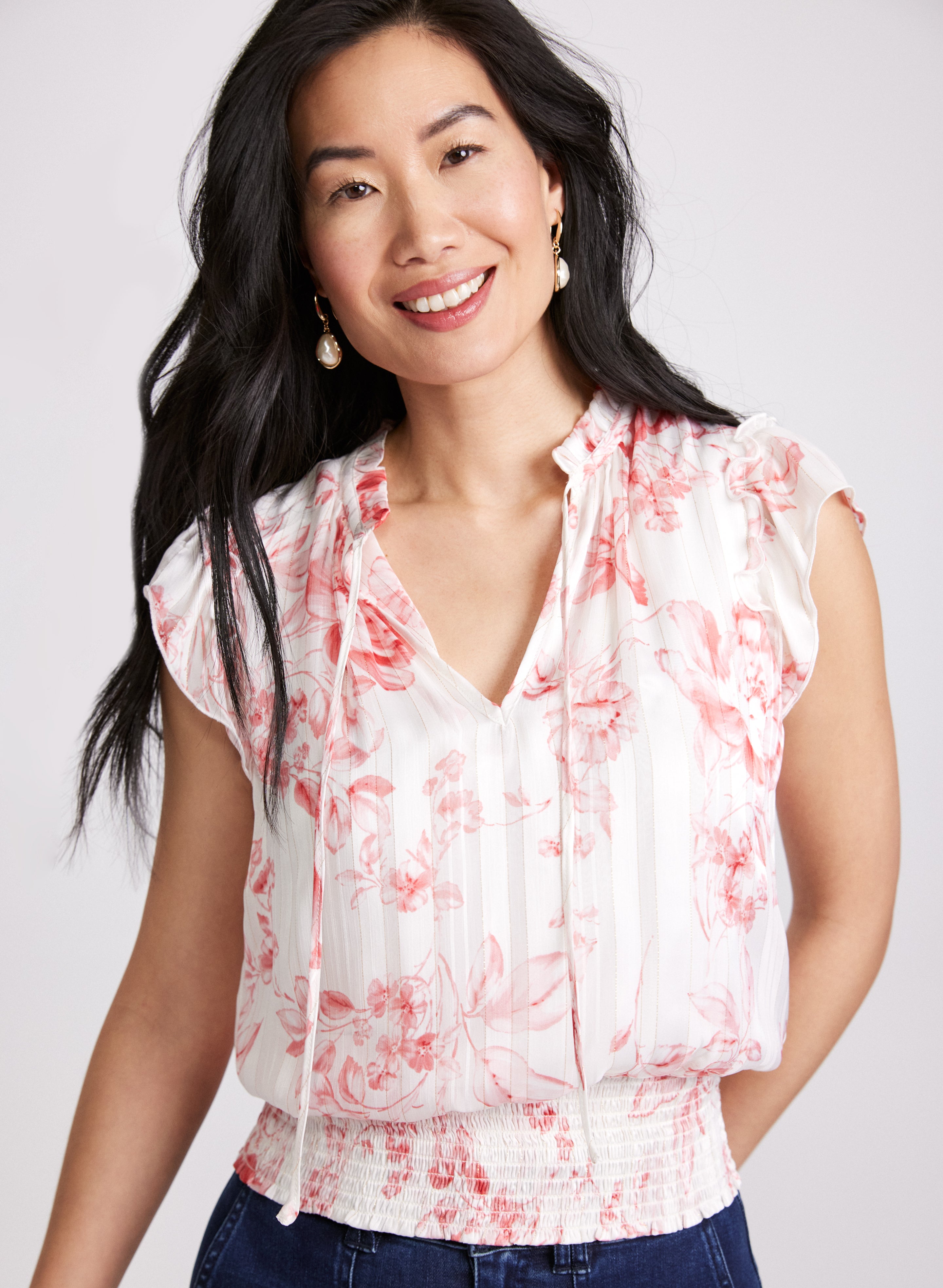 Floral Print Blouse for Women - Elegant Flowy Short Sleeve Tops - Perfect for Spring Summer Outfits, Office Wear & Casual Dates