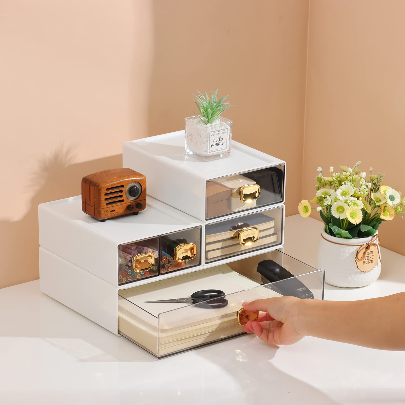 Stackable Plastic Desk Drawer Organizer - 3-Tier Storage Box with 1 Middle & 2 Small Drawers for Office, School & Home Supplies (White) | Perfect for Organizing Stationery, Documents & Small Items