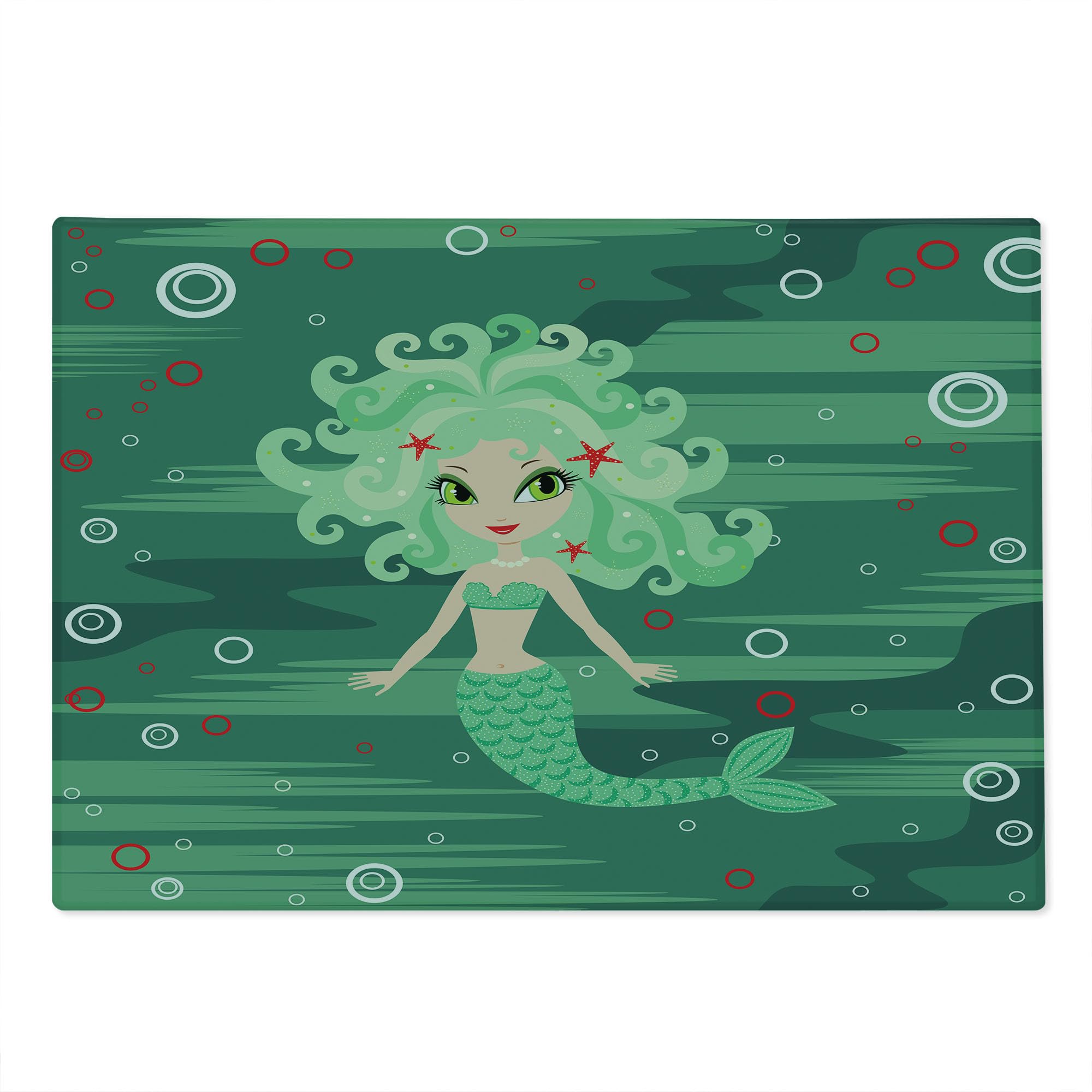 Ambesonne Underwater Themed Tempered Glass Cutting Board - Mermaid, Water Bubbles & Starfish Print - Large Green Decorative Serving Board for Kitchen, Party & Gift Giving