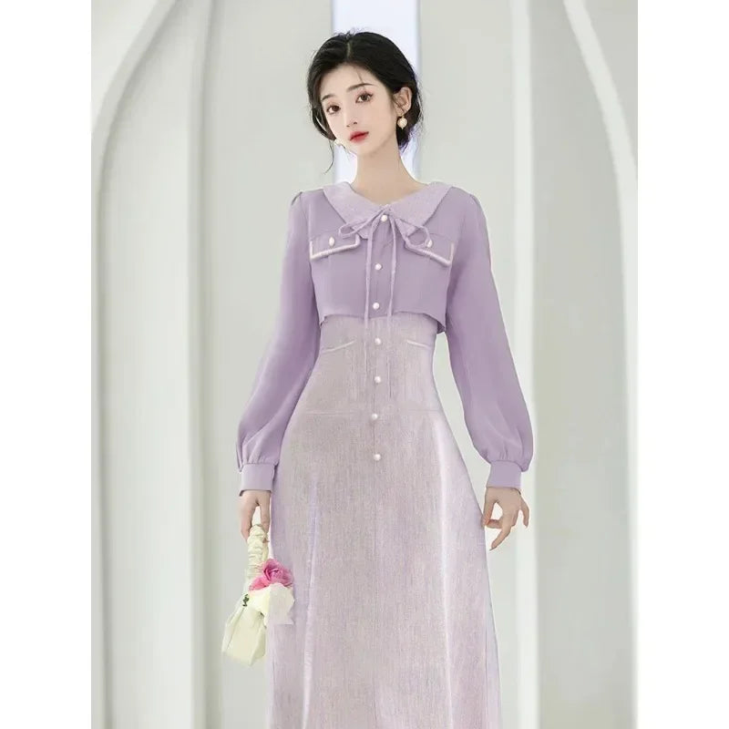 Elegant French Lavender Women's Dress - High-Qgentle Fake Two Piece Purple Long Sleeve Formal Gown for Evening Parties, Weddings & Special Occasions