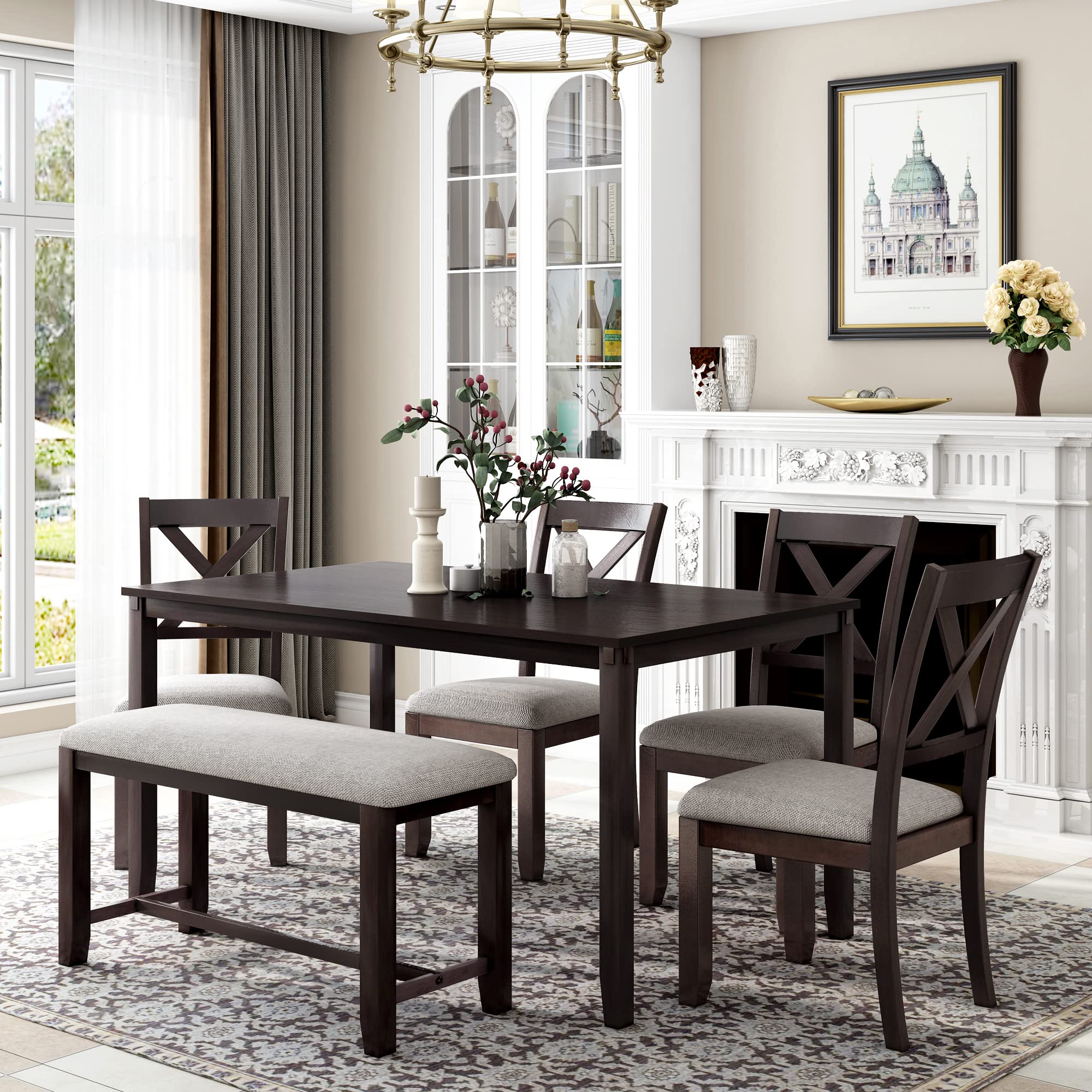 Harper & Bright Designs 6-Piece Wooden Dining Table Set with Bench - Rectangular Kitchen Table & Chairs for 6 - Espresso & Grey Home Furniture - Perfect for Family Dinners, Entertaining Guests & Small Space Dining Rooms