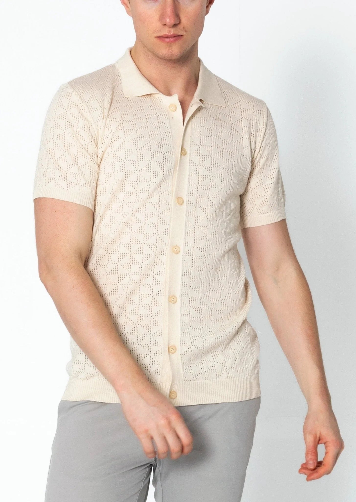 Geometric Crochet Polo Shirt for Women - Beige Cotton Summer Top, Boho Chic Style | Perfect for Beach Outings, Music Festivals & Casual Wear