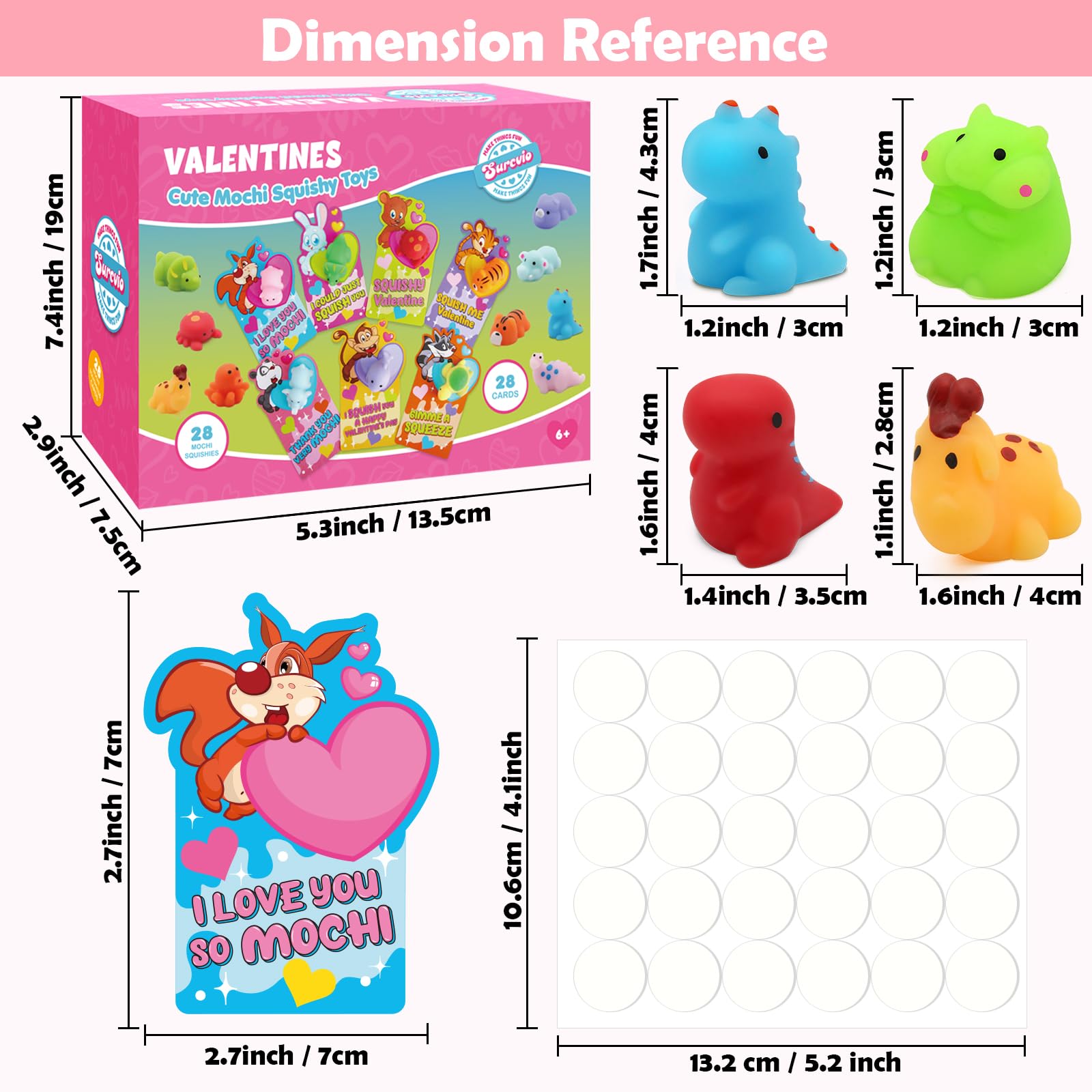 28 Pack Kids Valentine Gifts - Mochi Squishies with Cards for Party Favors, Stress Relief & Classroom Prizes