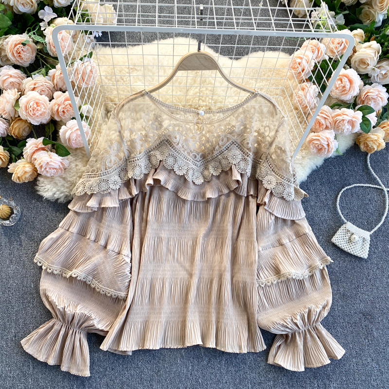 French Gentle Mesh Lace Ruffle Chiffon Blouse - Elegant Women's Fashion Top for Spring/Summer - Perfect for Date Night, Office Wear & Special Occasions