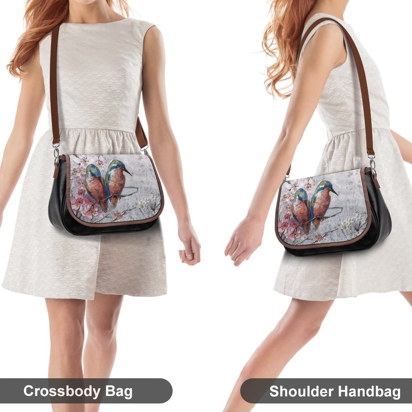 Printed Crossbody Shoulder Bag for Women - PU Leather Designer Satchel with Kingfisher Oil Painting Art - Perfect for Travel, Shopping & Everyday Use