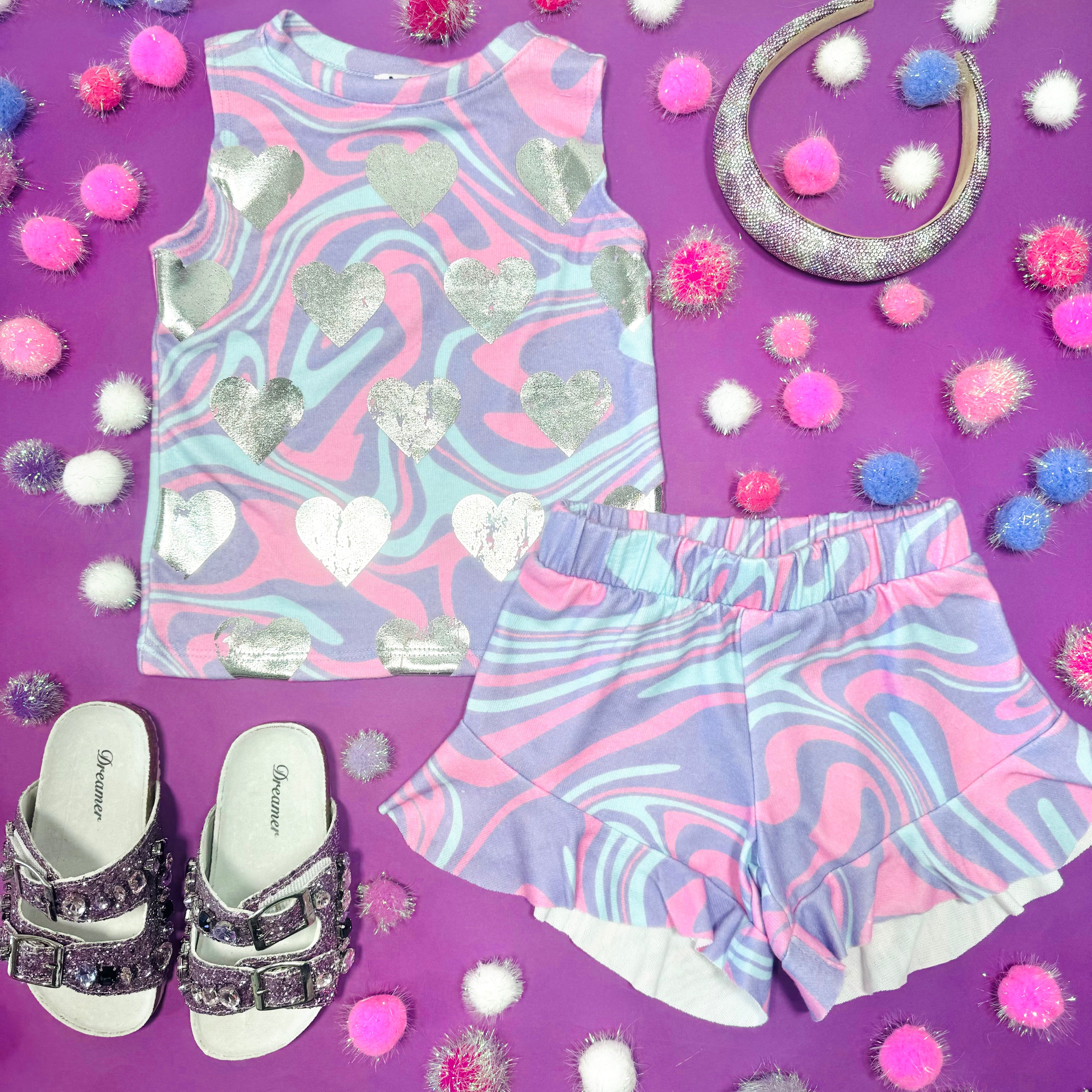 Stylish Metallic Hearts Swirl Hachi Tank Top for Women - Trendy Summer Casual Wear, Perfect for Beach, Gym & Everyday Outfits