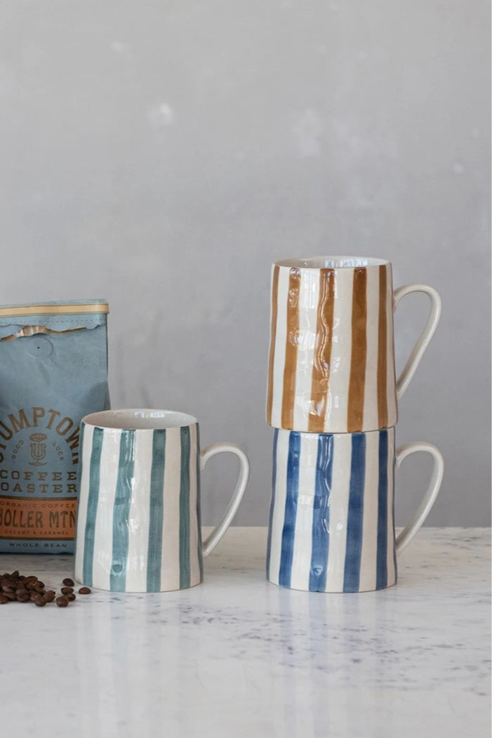 Hand Painted Striped Coffee Mug Set - 12oz Ceramic Tea Cup with Colorful Stripes, Dishwasher & Microwave Safe - Perfect for Home, Office, or Gift Giving