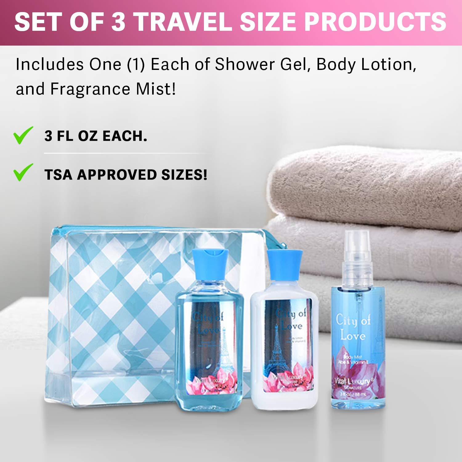 Bath & Body Care Travel Set - Home Spa Kit with Body Lotion, Shower Gel & Fragrance Mist | Personal Body Care Essentials for Travel (City of Love Scent) - Perfect for Vacations, Gifts & Self-Care Moments