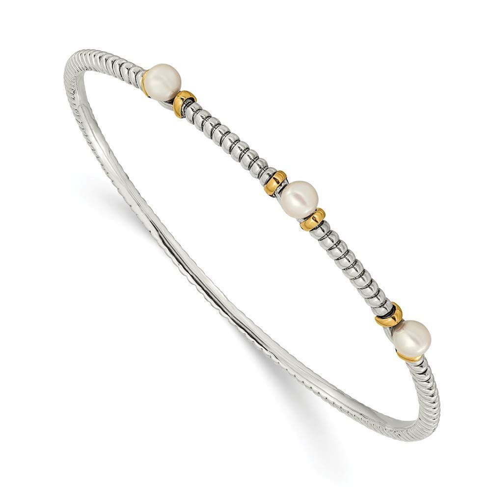 14K Yellow Gold Polished Freshwater Cultured Pearl Slip-On Cuff Bangle Bracelet - 5mm Wide Stackable Jewelry Gift for Women, Perfect for Weddings, Anniversaries & Everyday Elegance