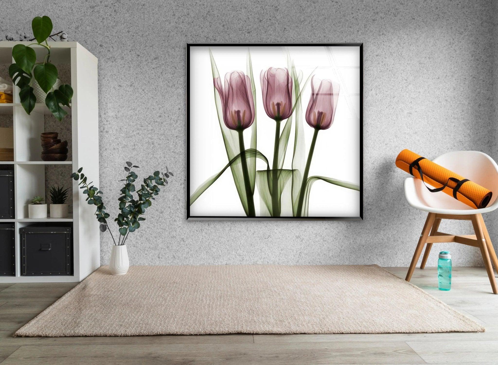 Albert Koetsier Triplet Tulips Stained Glass Wall Art - Handcrafted Floral Home Decor for Living Room, Bedroom & Office