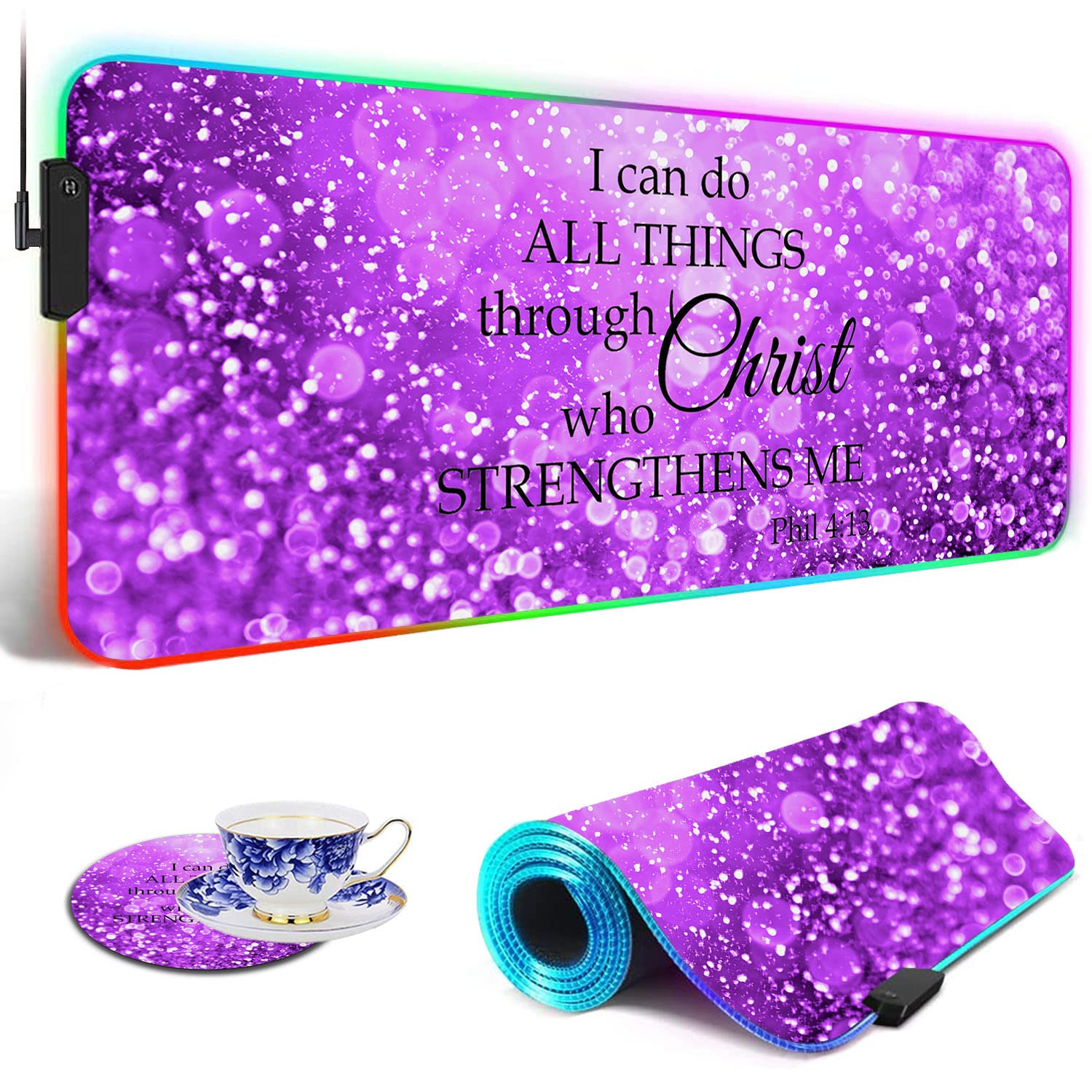 RGB Gaming Mouse Pad with LED Lights - Large Non-Slip Desk Mat for Keyboard & Mouse - Purple Sparkles Design with Philippians 4:13 Bible Verse - Perfect for PC Gaming, Office Work & Home Computer Setup