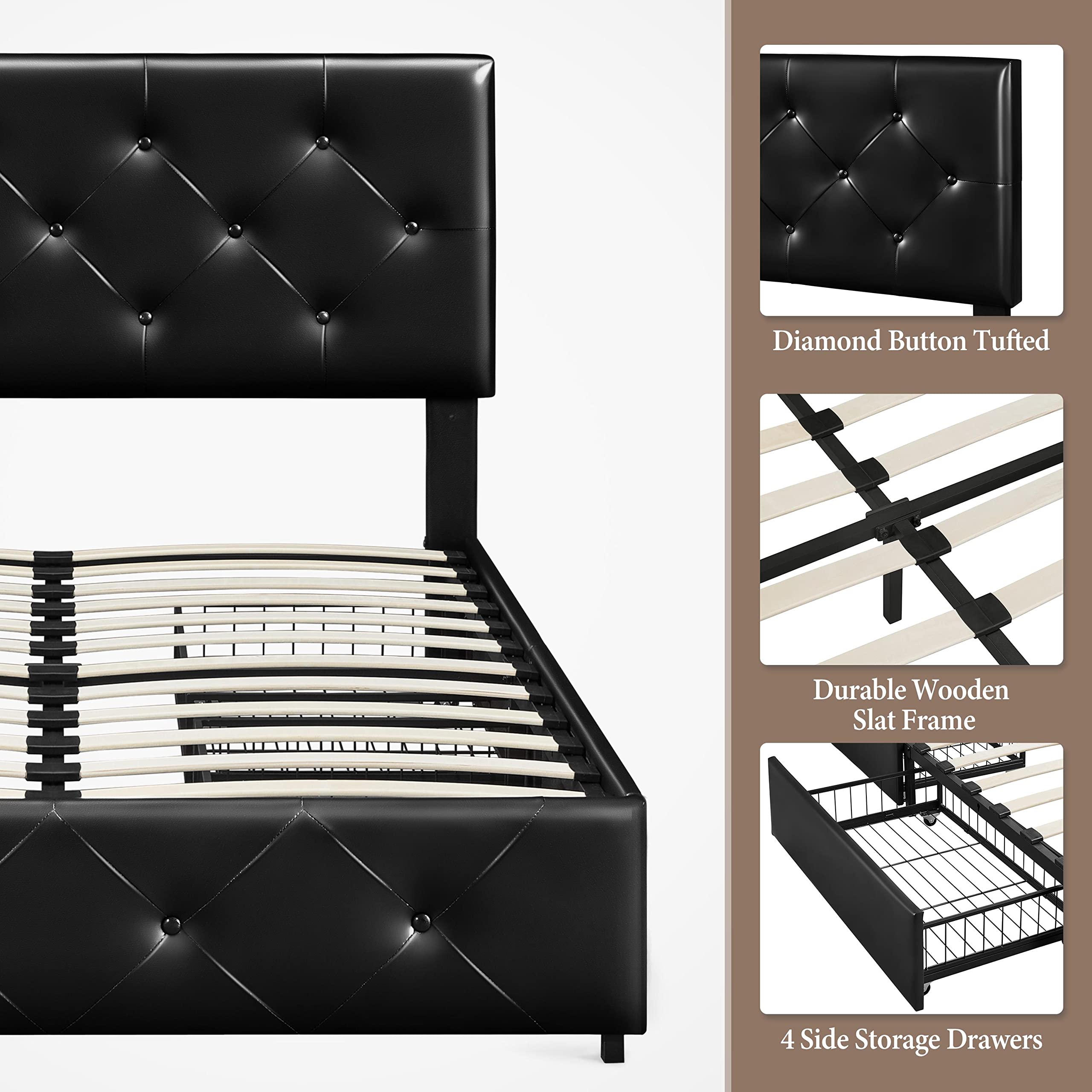 Yaheetech Full Size Upholstered Bed Frame with 4 Storage Drawers - Adjustable Headboard, Faux Leather Platform Bed with Wooden Slats Support - No Box Spring Needed - Black (Perfect for Small Bedrooms & Guest Rooms with Storage Needs)