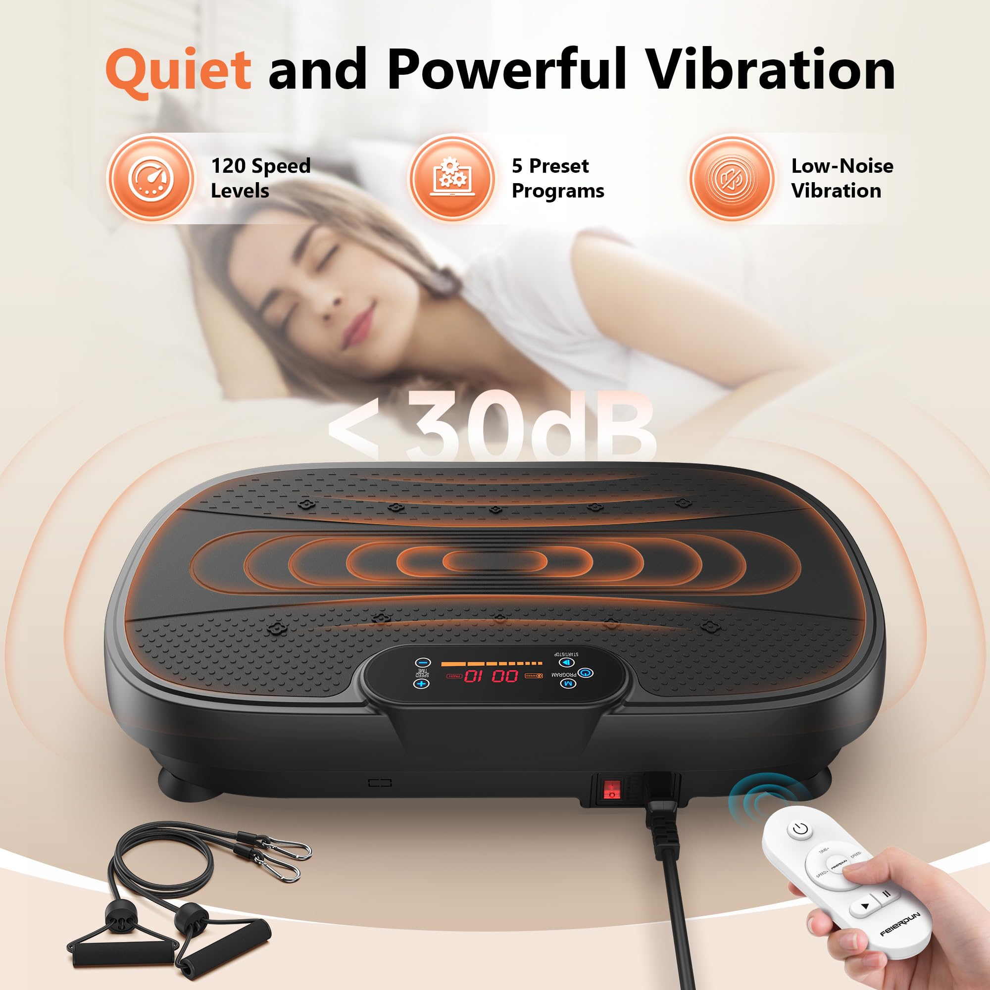 FEIERDUN Whole Body Vibration Plate Machine - Power Plate Exercise Equipment for Lymphatic Drainage, Weight Loss & Muscle Toning with 2 Resistance Bands - Perfect for Home Gym, Physical Therapy & Wellness Workouts