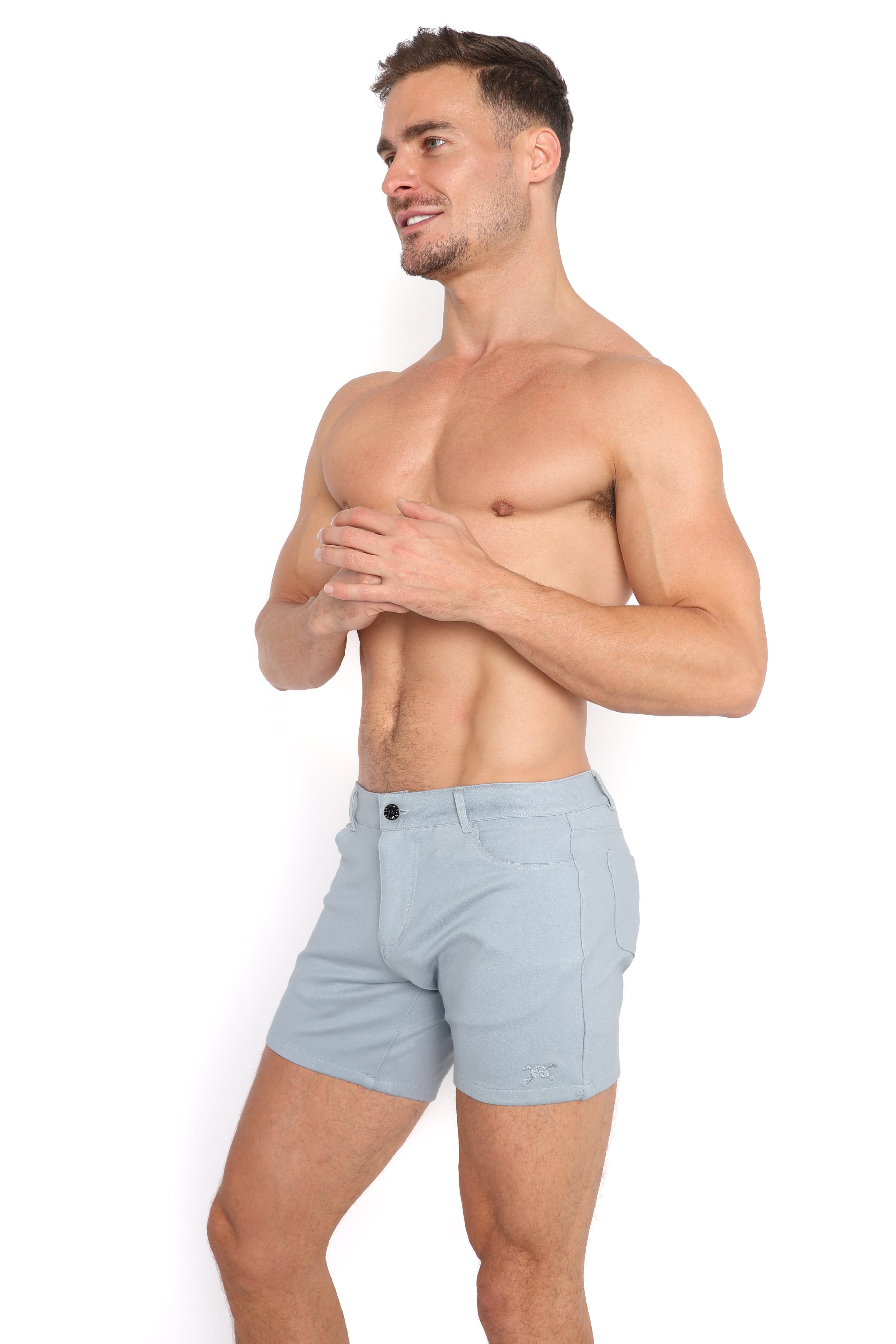 Blue Slate Logo Knit Stretch Shorts for Men - Comfortable Casual Wear for Gym, Running & Everyday Outfits