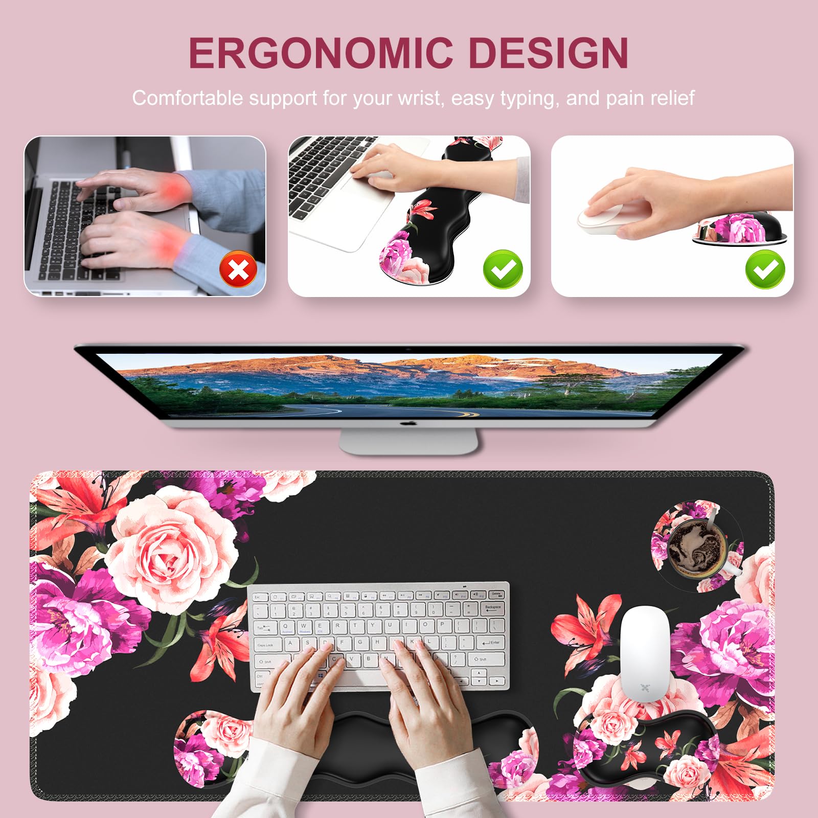 iLeadon Mouse Pad Set - Large Desk Mat with Wrist Support, Non-Slip Base & Stitched Edge | Ergonomic Keyboard & Mouse Pad Combo with Coaster | Perfect for Office Work, Gaming & Home Computer Use | Peony Flower Design