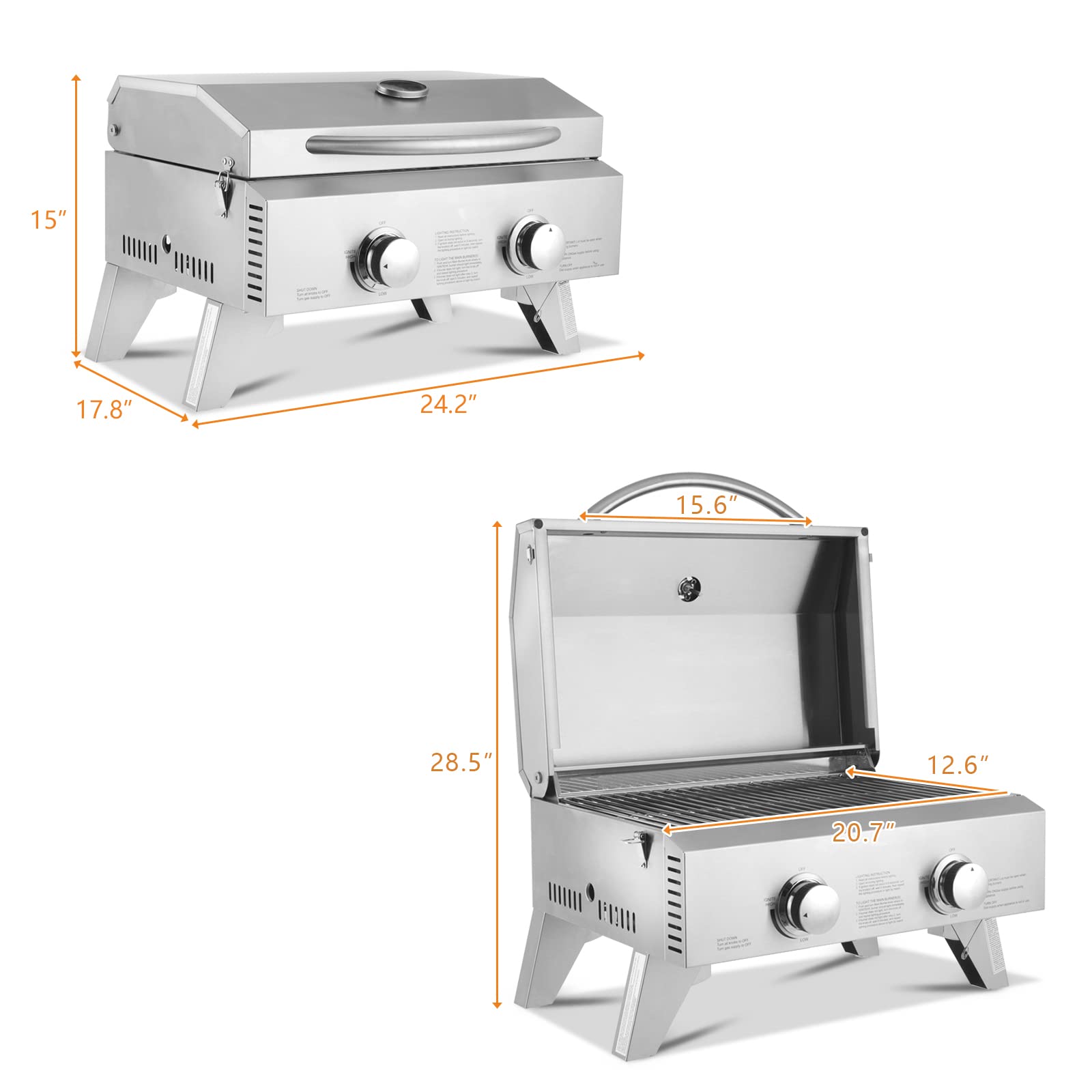 ROVSUN 2-Burner Portable Gas Grill with 20,000BTU, Stainless Steel Camping Griddle for Outdoor BBQ, Patio, Picnic & Tailgating - Perfect for Backyard, Garden & Home Use with Regulator & Hose Included