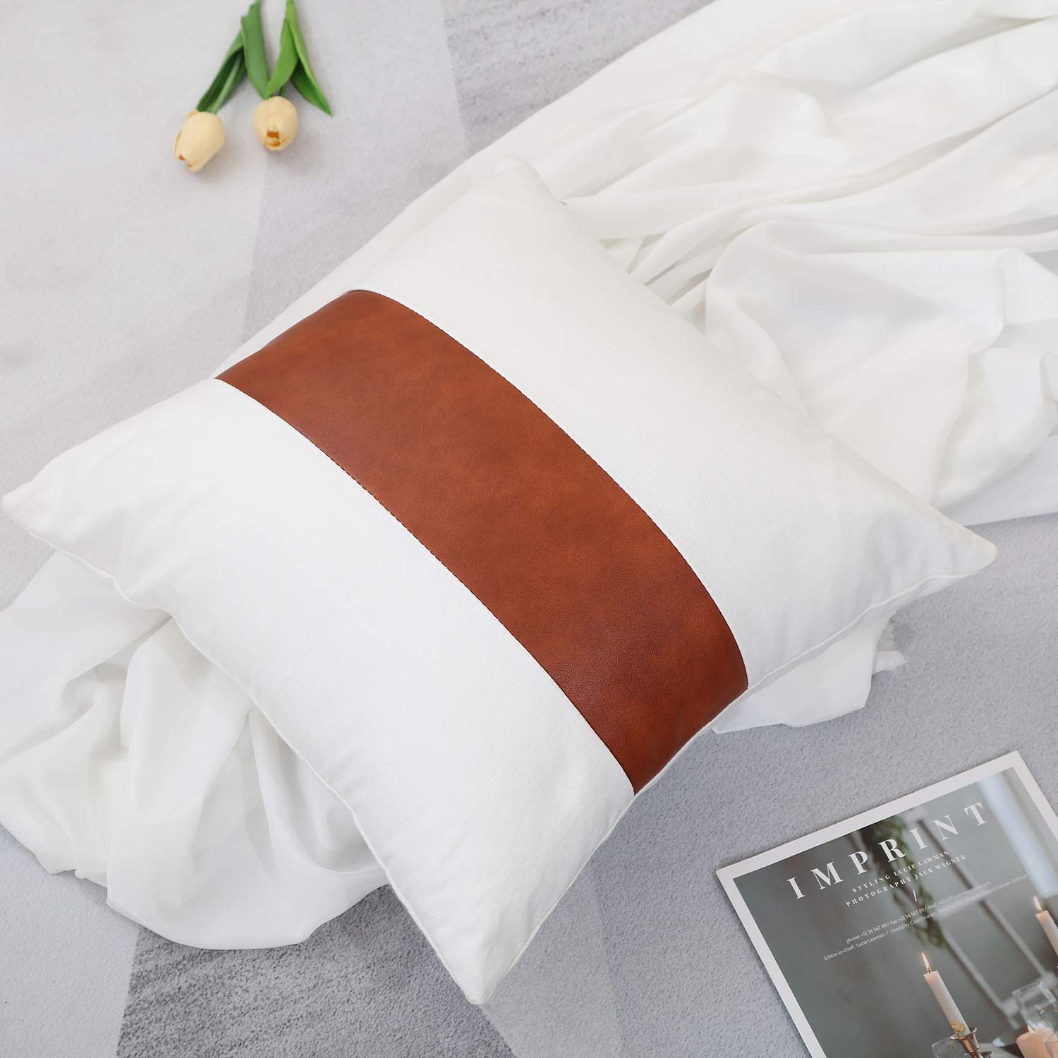 GALMAXS7 18x18 Inch Faux Leather & Cotton Decorative Throw Pillow Covers Set of 2 - Modern Mudcloth Farmhouse Style Square Accent Pillows for Couch, Sofa, Bed, Living Room - Perfect for Home Decor, Cozy Reading Nook & Guest Room Styling
