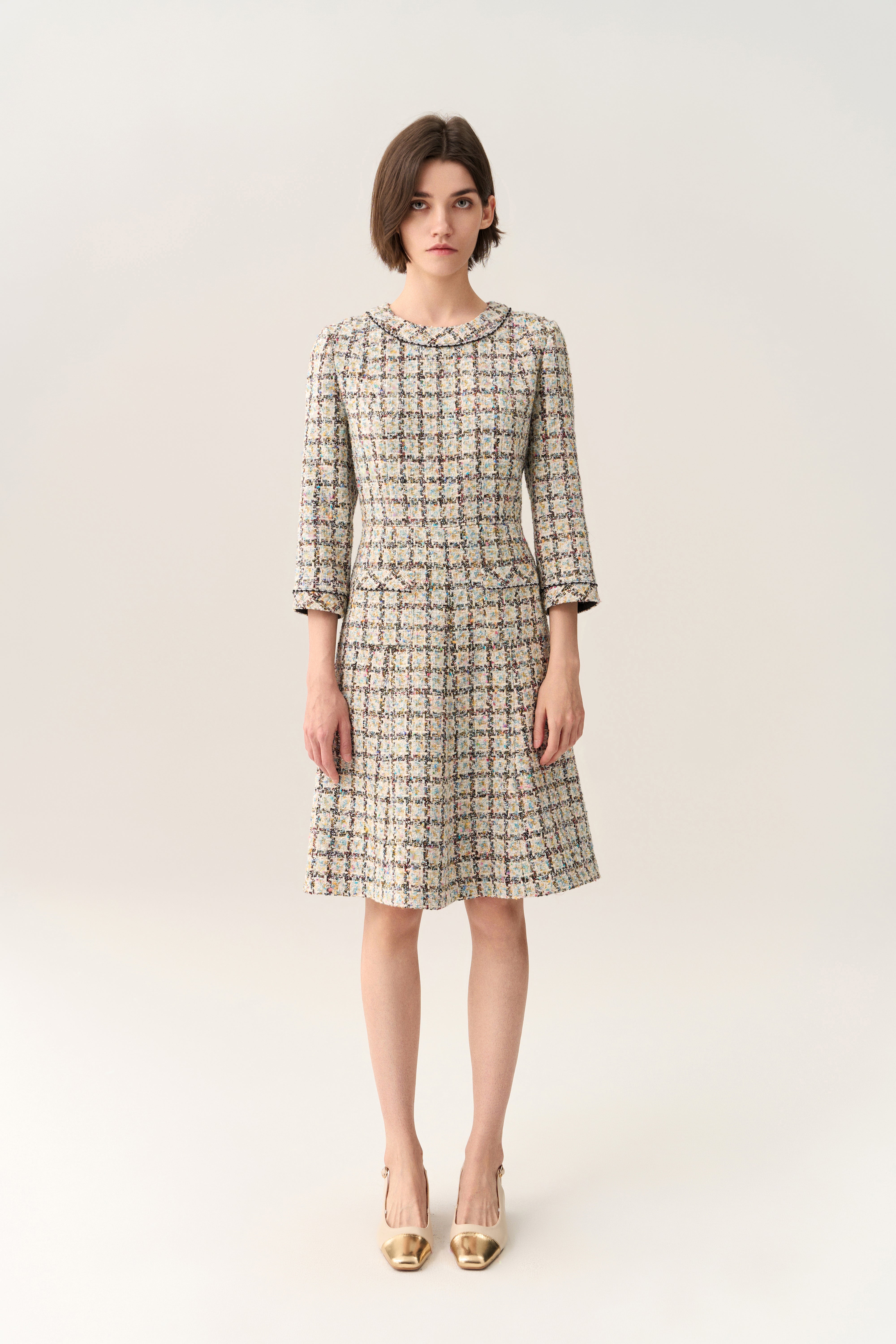 Stylish Flared Hem Patch Pocket Checker Tweed Dress for Women - Perfect for Office Wear, Cocktail Parties & Fall Weddings