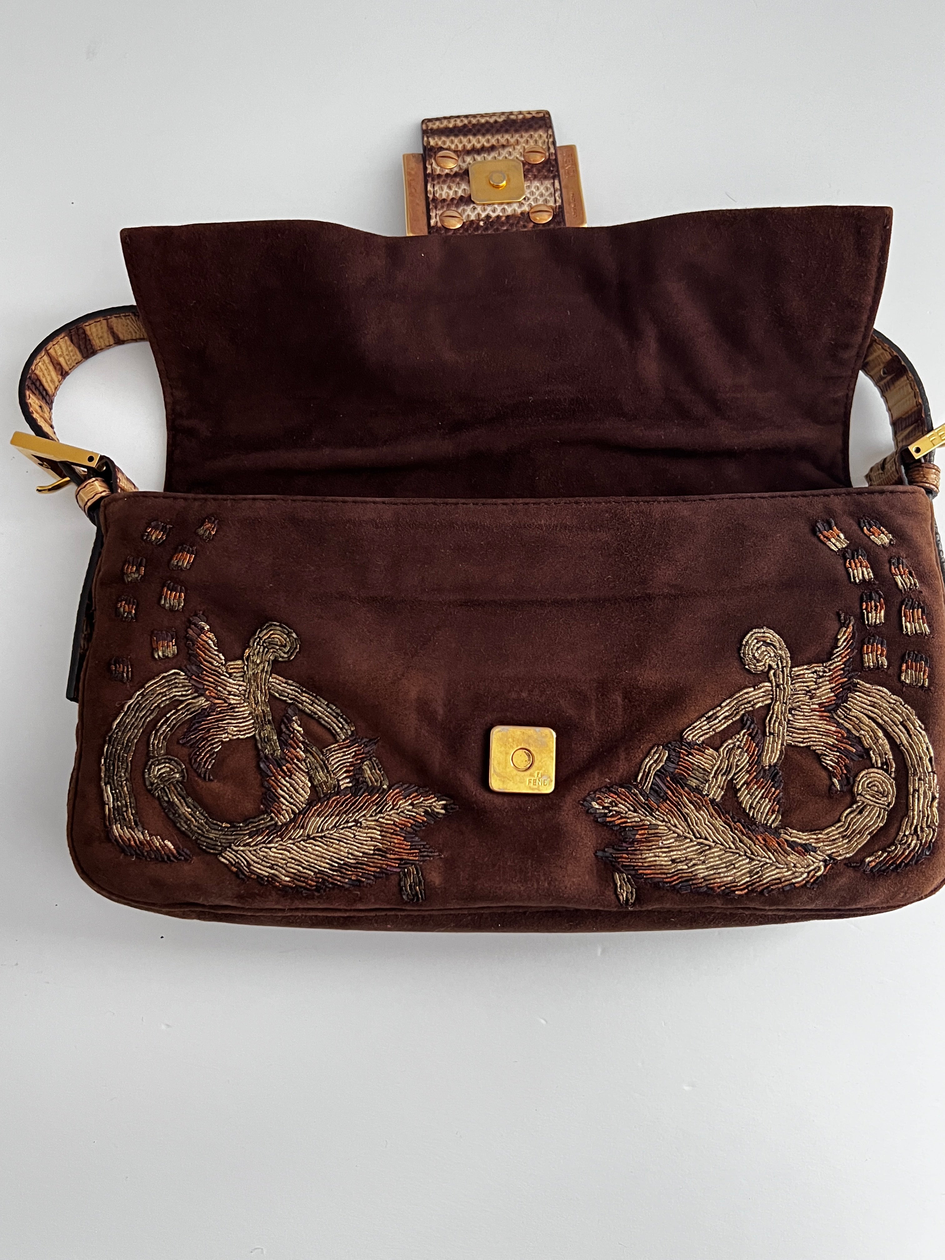 Fendi Embroidered Brown Suede Baguette Bag - Luxury Designer Crossbody Purse for Women, Perfect for Parties, Dates & Everyday Use