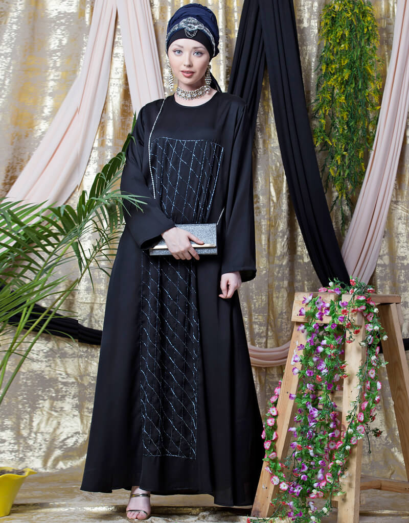 Elegant Black Arabic Diamond Motif Hand Embroidered Flare Nida Abaya - Perfect for Eid, Ramadan, Wedding & Special Occasions