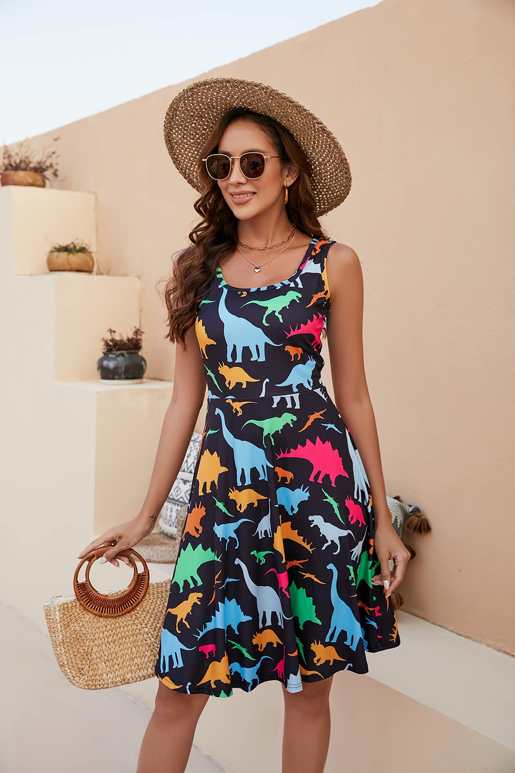**Fanient Women's Sleeveless Floral Print Sundress - Casual Scoop Neck A-Line Midi Dress for Summer Beach, Vacation & Outdoor Parties**