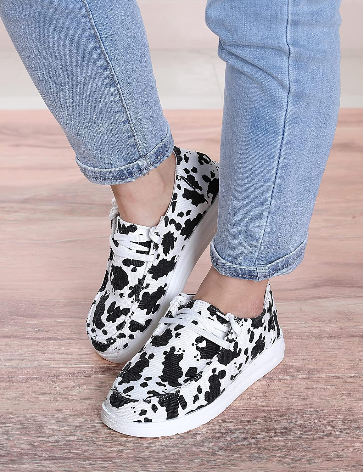 **RACHAPE Women's Cow Print Canvas Slip-On Sneakers - Comfortable Loafers for Casual Wear, Office & Daily Outfits**