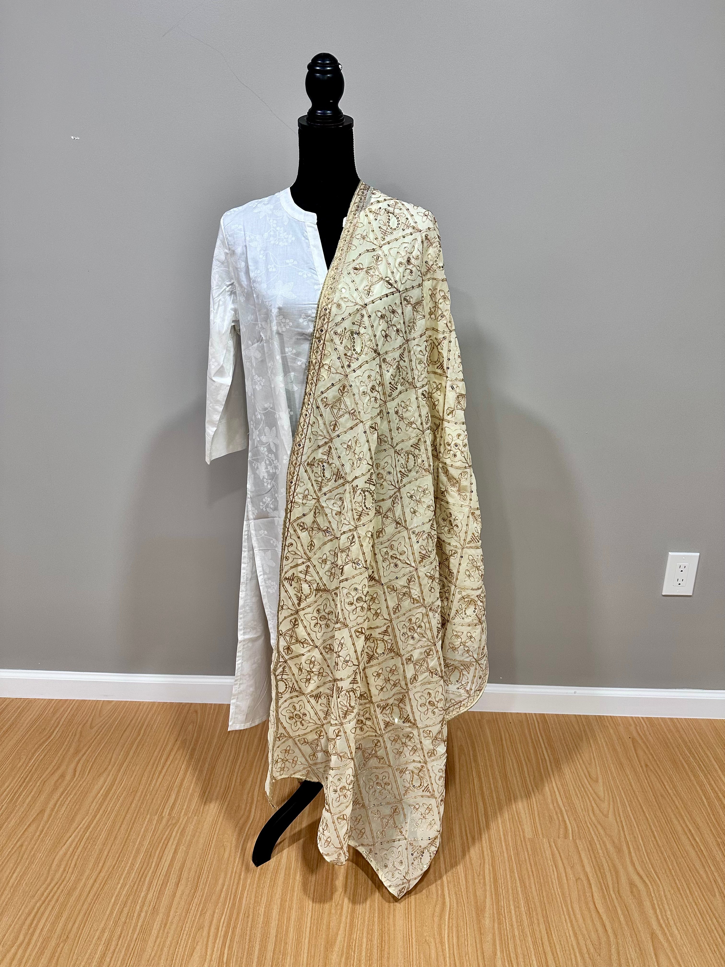Elegant Cream and Gold Embroidered Dupatta Scarf - Perfect for Weddings, Parties, and Festive Occasions