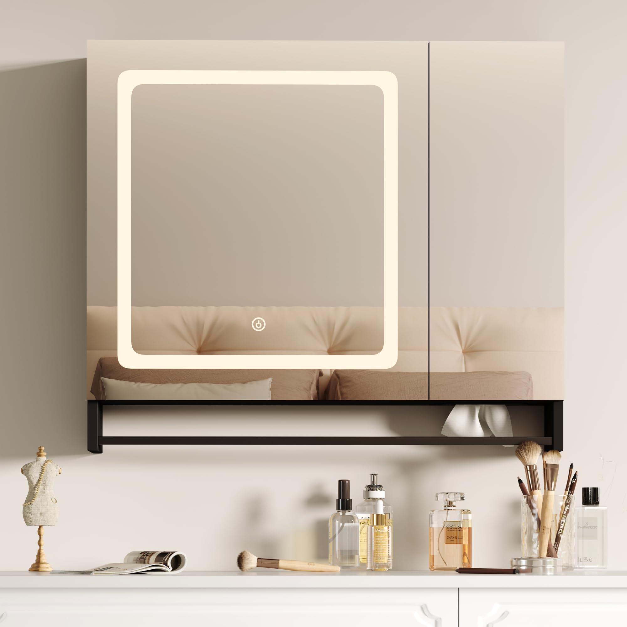 ChooChoo LED Medicine Cabinet with Mirror - Wall Mounted Bathroom Storage with Adjustable Shelves & Towel Bar, Black - Perfect for Modern Bathrooms & Vanity Organization