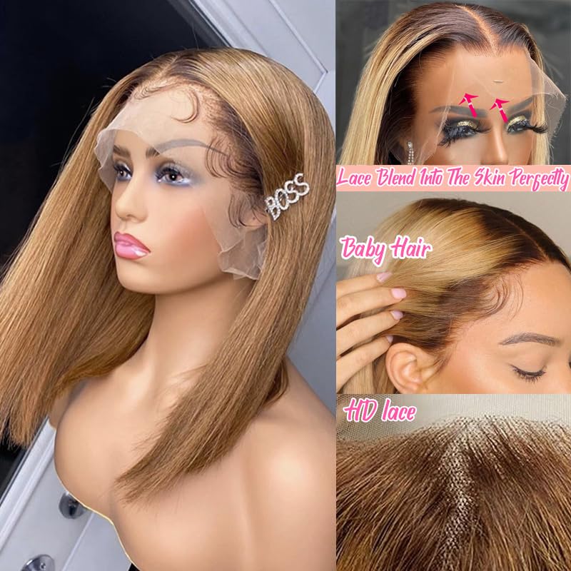 13x4 HD Transparent Lace Front Wig - 100% Human Hair Glueless Bob Wig with Ombre Honey Blonde Highlights, Pre-Plucked Hairline & Baby Hair | Wear & Go Short Bob Wigs for Women (#4/27) | Perfect for Daily Wear, Parties, Cosplay & Special Occasions
