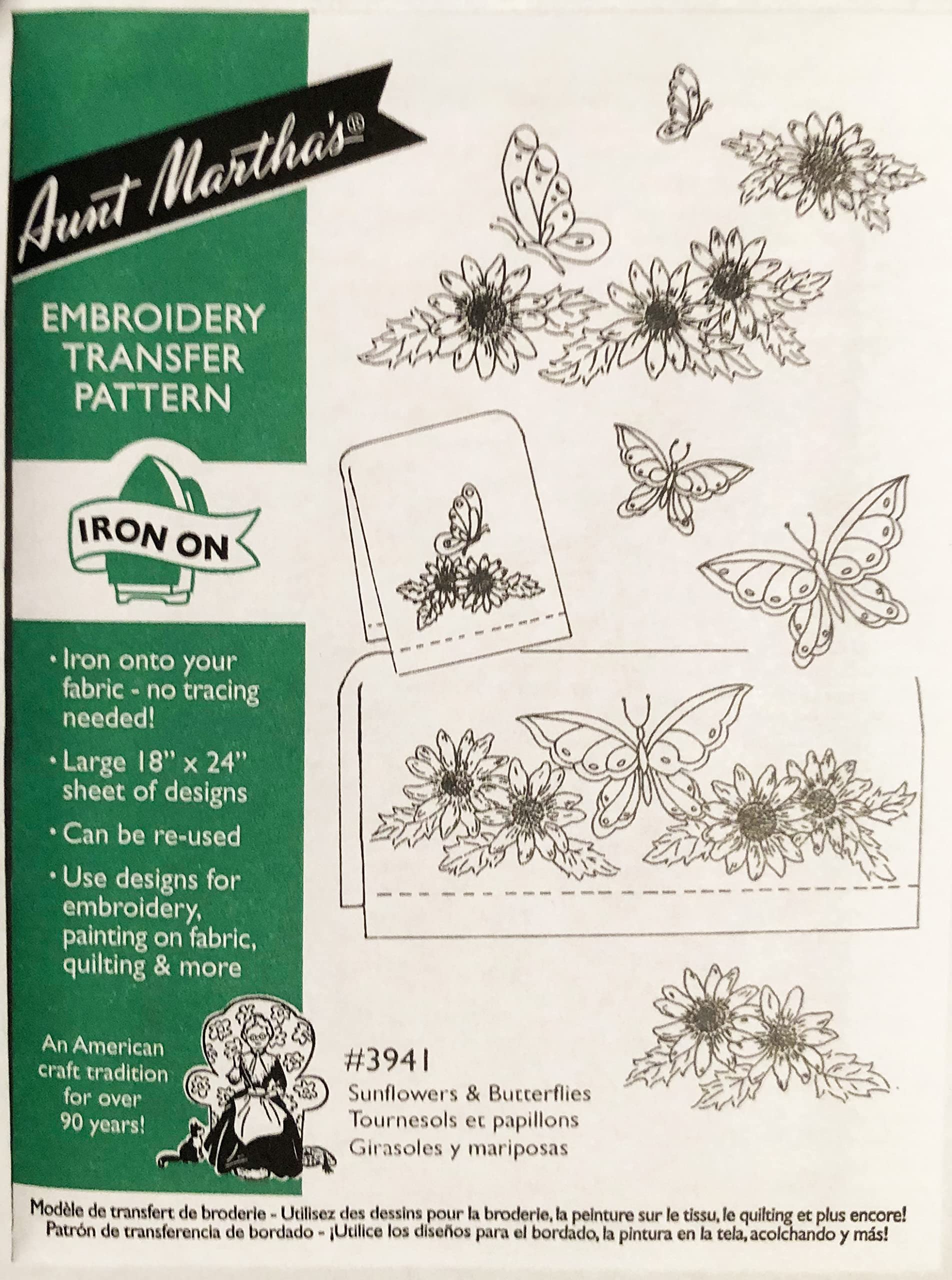 Aunt Martha's Hot Iron Transfers 3941 - Sunflowers and Butterflies Design for DIY Fabric Crafts, T-Shirts, Tote Bags & Home Decor Projects
