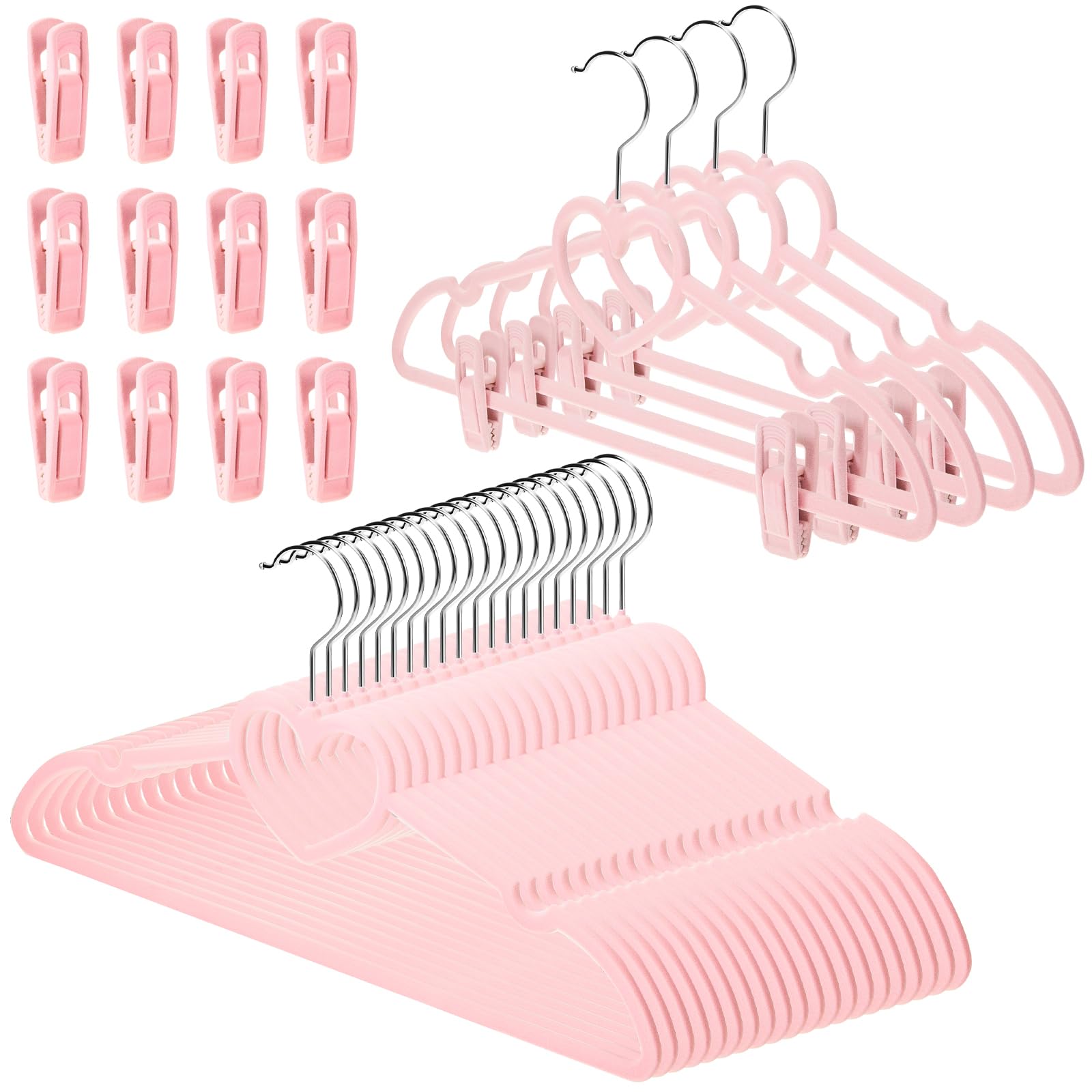 20 Pack Velvet Clothes Hangers with 20 Clips - Non-Slip Space Saving Skirt & Pants Hangers with 360° Swivel Hook - Heart Shaped Felt Drying Rack for Closet Organization (Pink) - Perfect for Wardrobe, Laundry Room & Travel Use