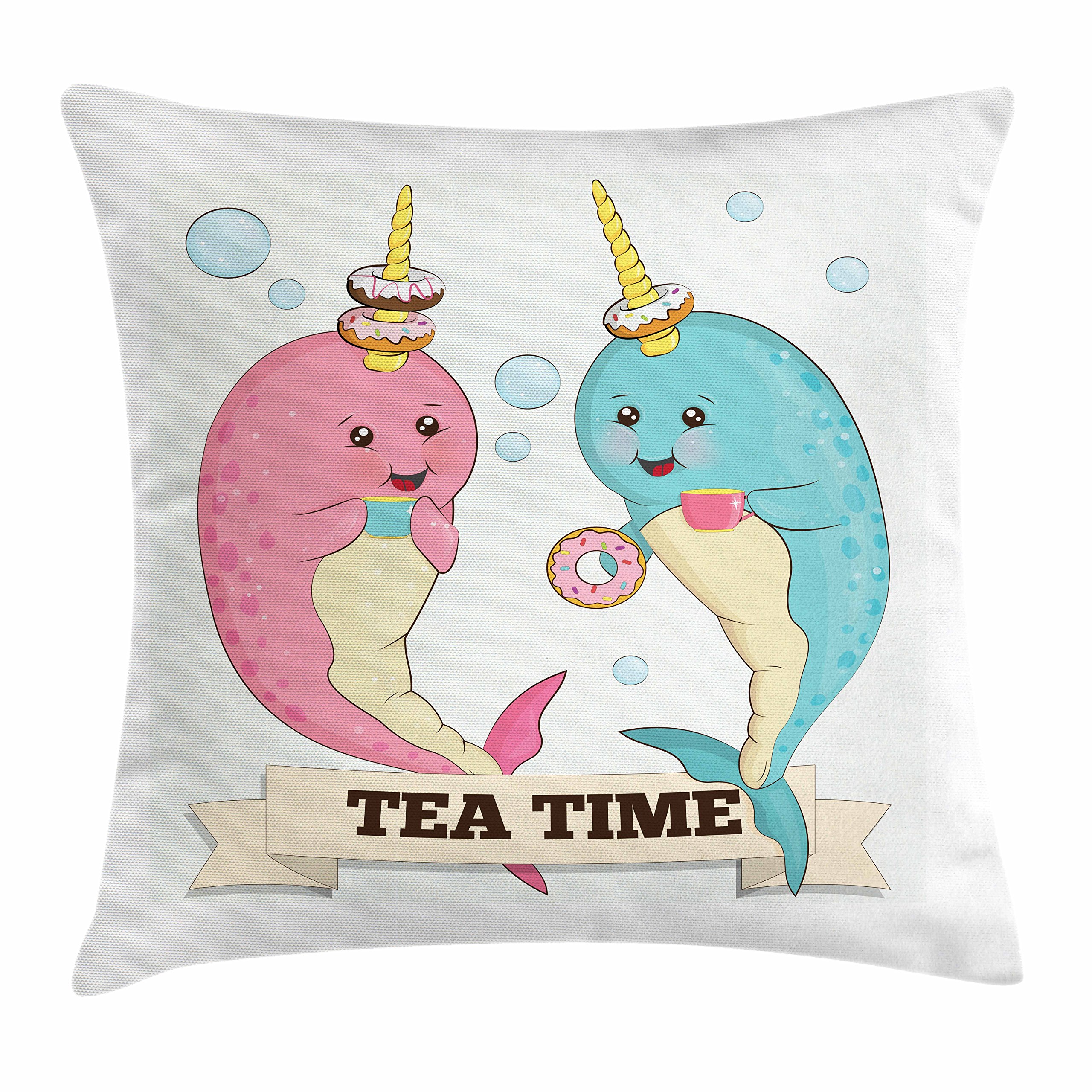 Ambesonne Narwhal Throw Pillow Cover 28x28 Inches - Abstract Whale & Unicorn Design with Ocean Bubbles in Pale Blue, Beige & Pink - Decorative Square Cushion Case for Living Room, Bedroom or Nursery Decor