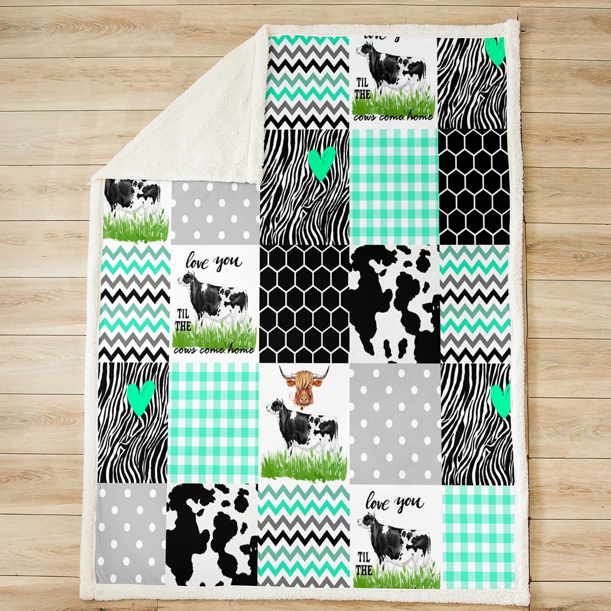 Cute Cow Print Fleece Throw Blanket - Soft Farm Animal Plush Blanket for Kids, Boys & Girls Room Decor - Black White Green Plaid Fuzzy Blanket - Baby Size 30x40 Inches - Perfect for Nursery, Bedroom, Sofa & Gift