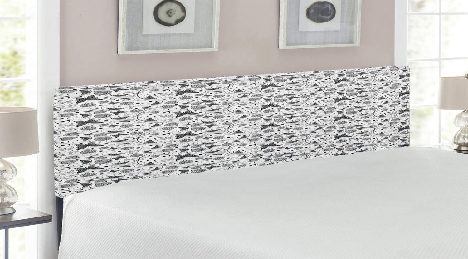 Ambesonne King Size Upholstered Headboard - Black and White Monochrome Butterfly Floral Design on Dotted Swirl Background, Decorative Metal Bed Frame with Memory Foam Padding | Perfect for Modern Bedroom, Guest Room or Master Suite Decor