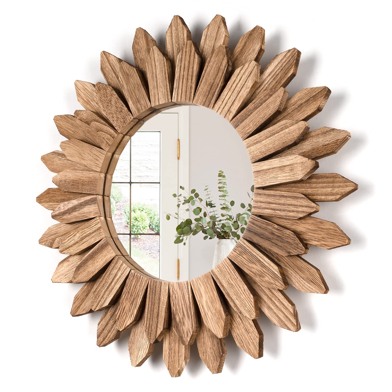 12 Inch Rustic Wood Sunburst Wall Mirror - Boho Decorative Mirror for Entryway, Bedroom, Living Room & Bathroom - Perfect Housewarming Gift & Home Essential in Carbonized Black - Ideal for Farmhouse, Vintage & Coastal Decor Styles