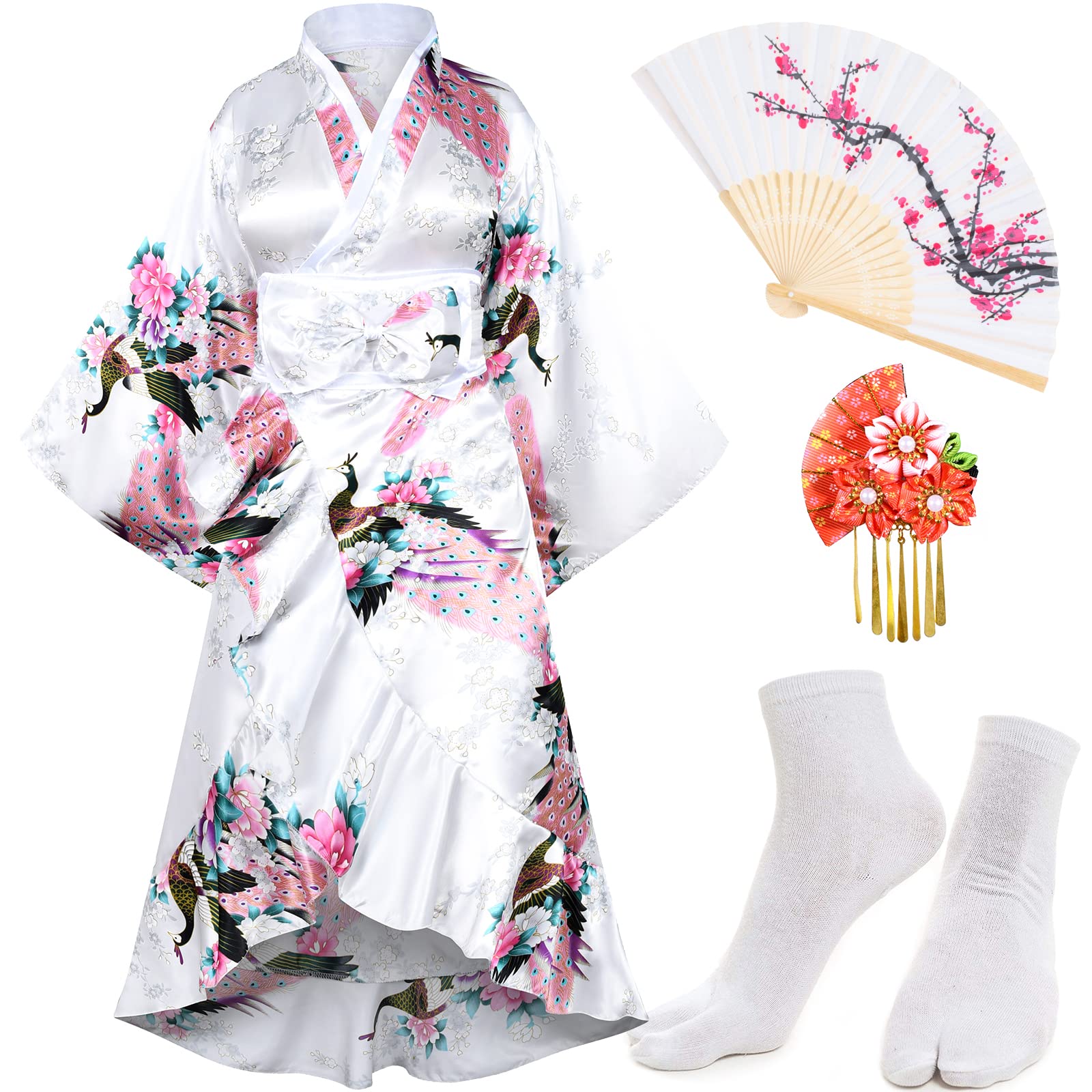 Elegant Women's Kimono Robe - Japanese Geisha Yukata with Sweet Tuxedo Ruffle & Blossom Satin - Luxurious Bathrobe & Sleepwear Set with Tabi Socks - Perfect for Spa, Loungewear, Cosplay & Special Occasions