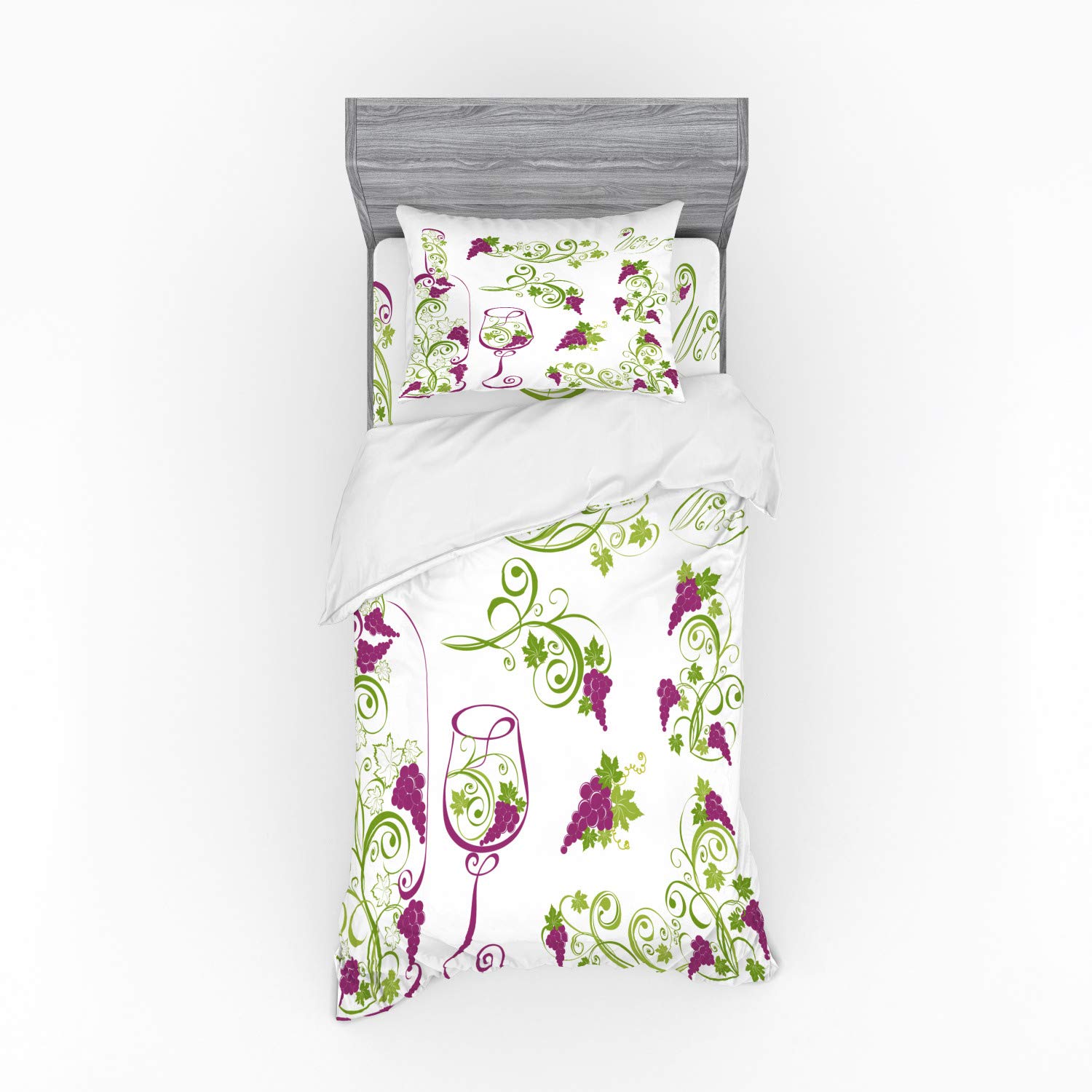 Ambesonne Wine Themed Bedding Set - 3 Piece Duvet Cover with Sham & Fitted Sheet, Twin Size, Purple Lime Green White Grapevines Design - Perfect for Wine Lovers' Bedrooms & Guest Rooms