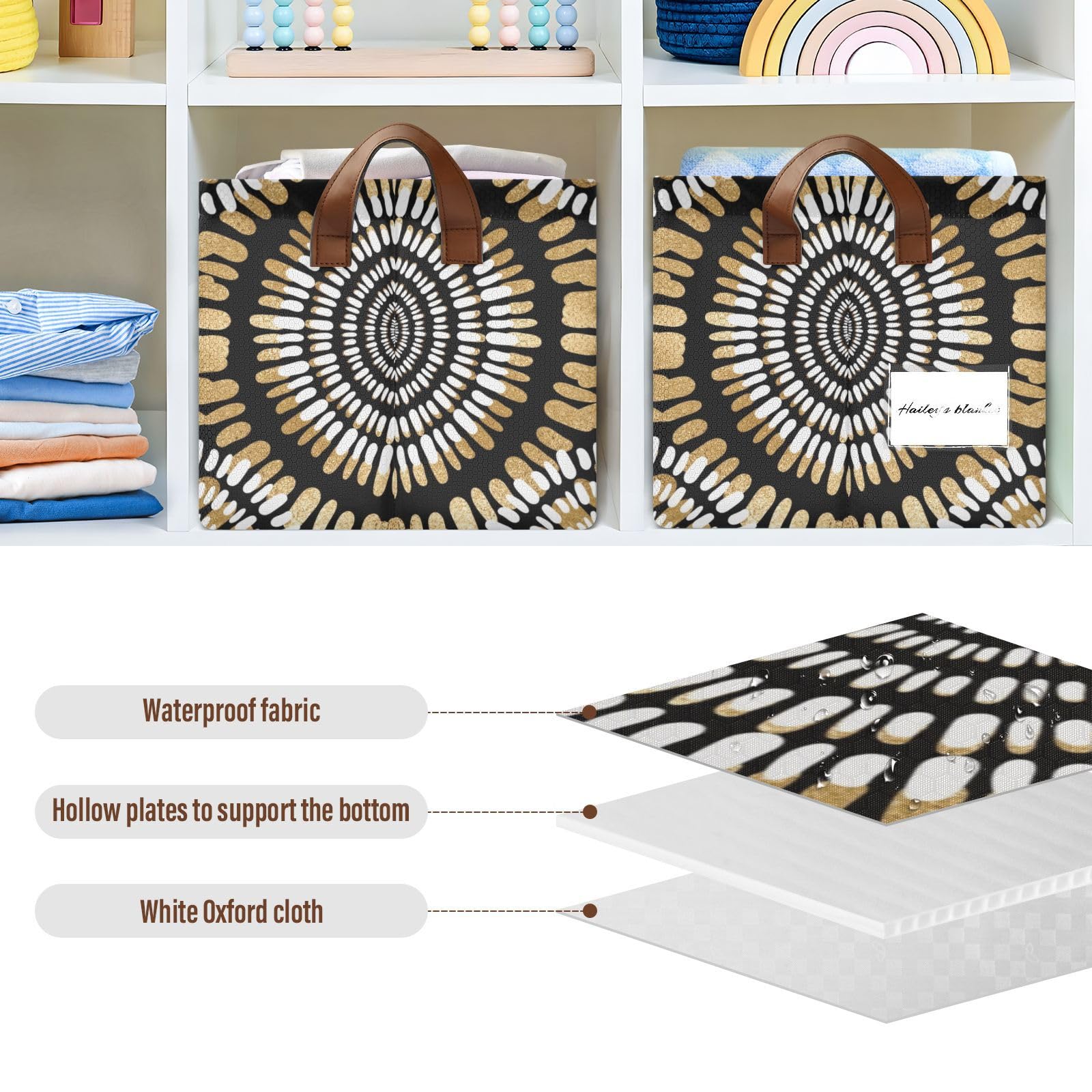 Yuiboo Foldable Storage Bins with Handles - 2 Pack Abstract Circle Pattern Cloth Baskets in Black, White & Gold | Organizer for Pantry, Shelves, Drawers, Desktop, Closet, Classroom & Office | Perfect for Home Organization & Decorative Storage Solutions