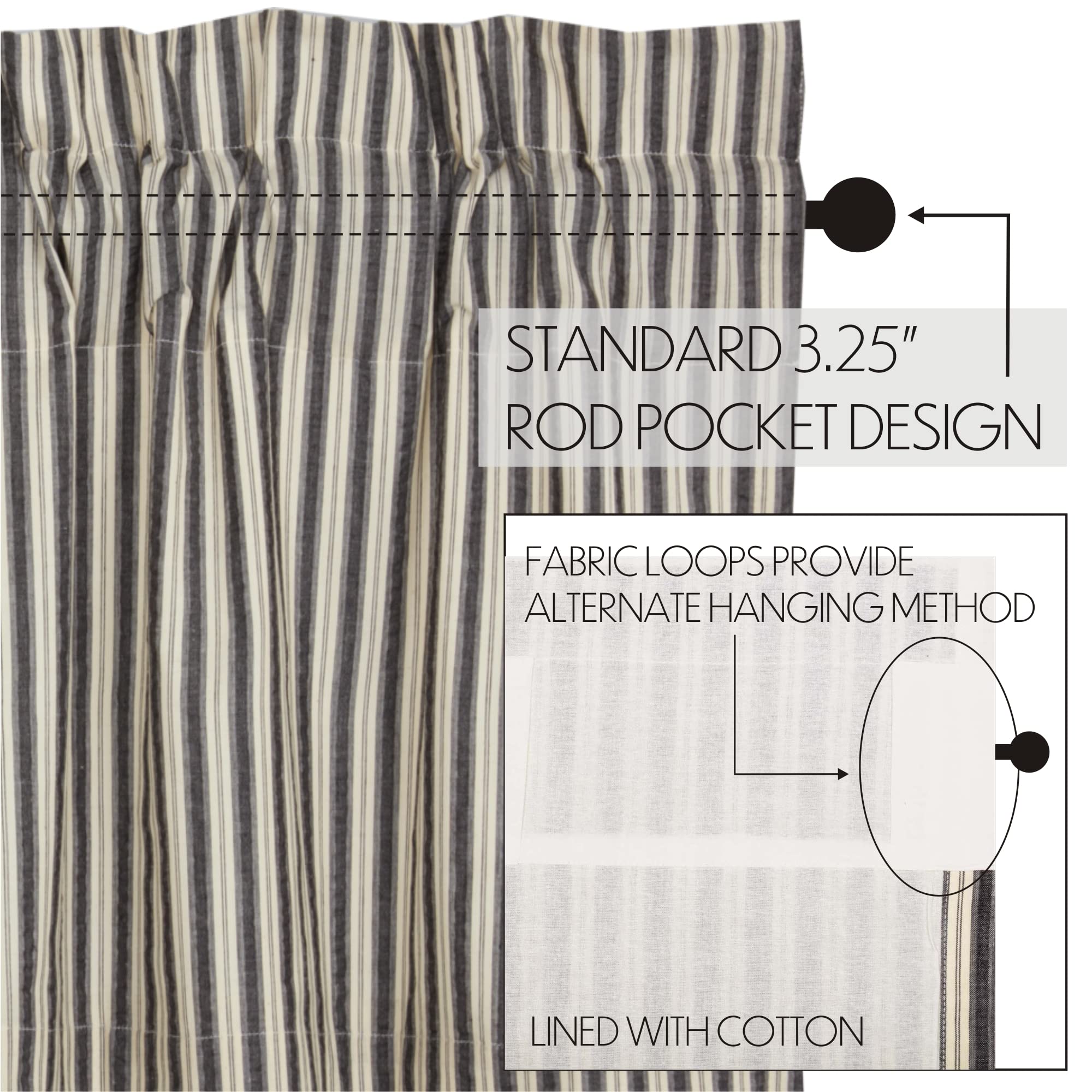 VHC Brands Ashmont Grey Ticking Stripe Farmhouse Swag Curtain Set 36x36x16 - Rustic Window Treatment for Living Room, Bedroom & Kitchen Decor