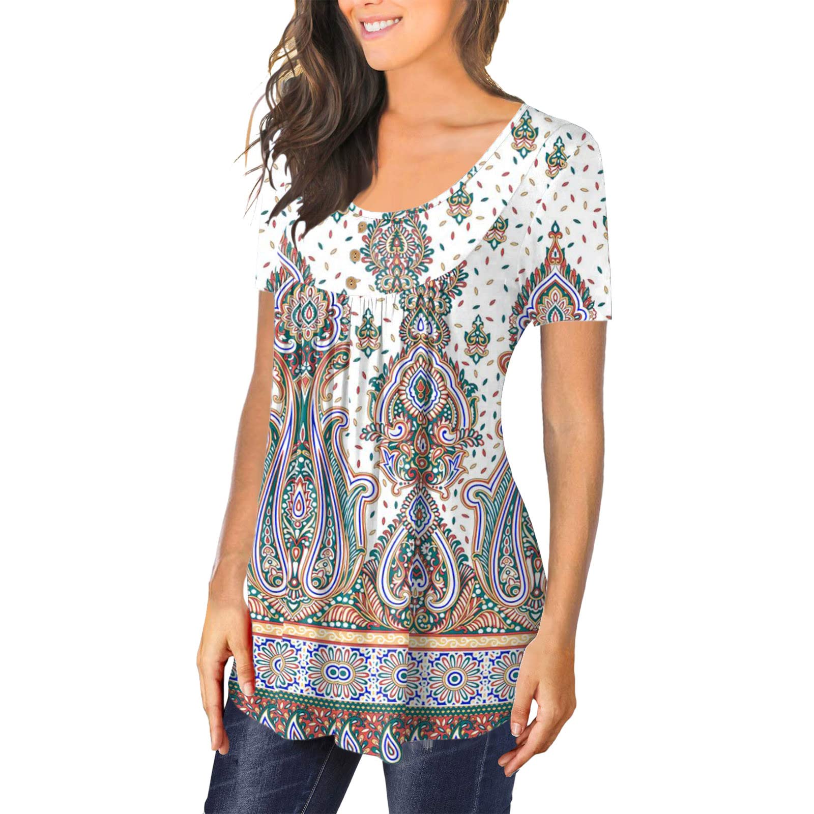 Women's Summer Casual Short Sleeve Tunic Top - Button Print Solid Color Tee Shirt | Perfect for Beach Outings, Weekend Brunch & Vacation Wear