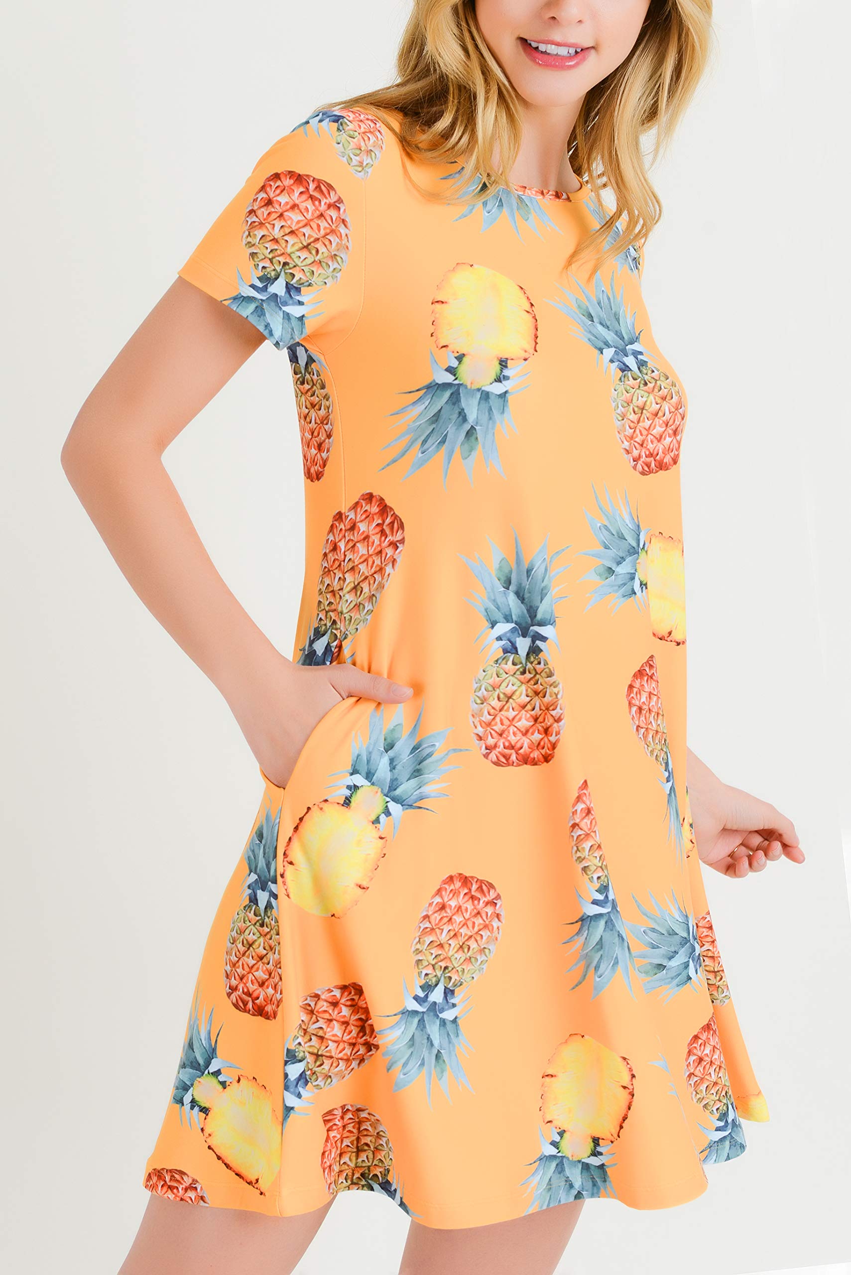 ICONOFLASH Women's Floral Print Casual Summer Dress with Pockets - Short Sleeve Comfortable A-Line Dress for Beach, Vacation & Daily Wear