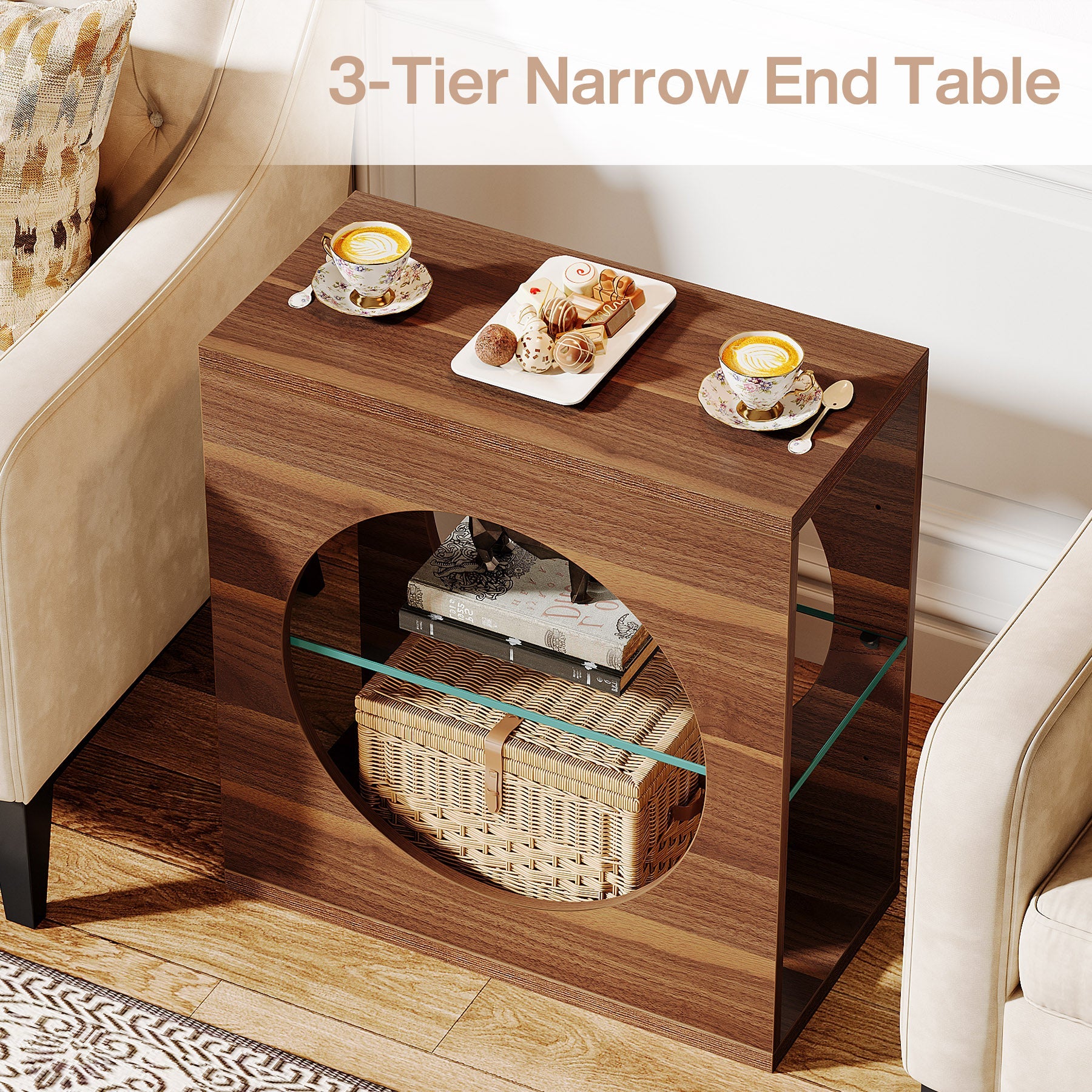 Modern 3-Tier End Table with Adjustable Glass Storage Shelf - Stylish Side Table for Living Room, Bedroom & Office Organization