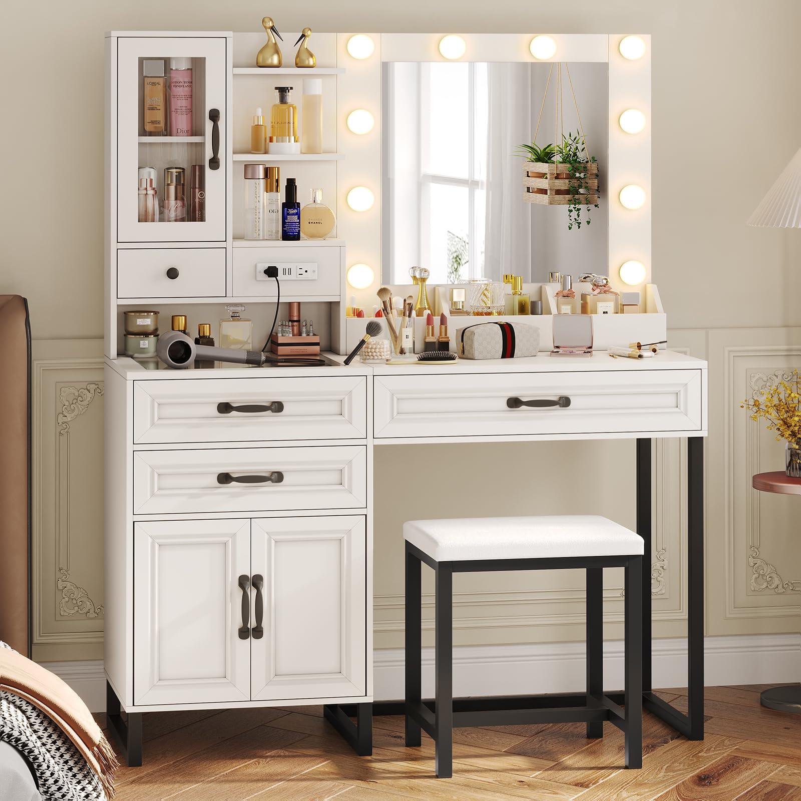 Modern White & Black Makeup Vanity Desk Set with LED Lights, USB Charging Station, Stool & Glass Top Storage - 3 Shelves & Drawers for Bedroom, Dressing Room & Beach House Decor