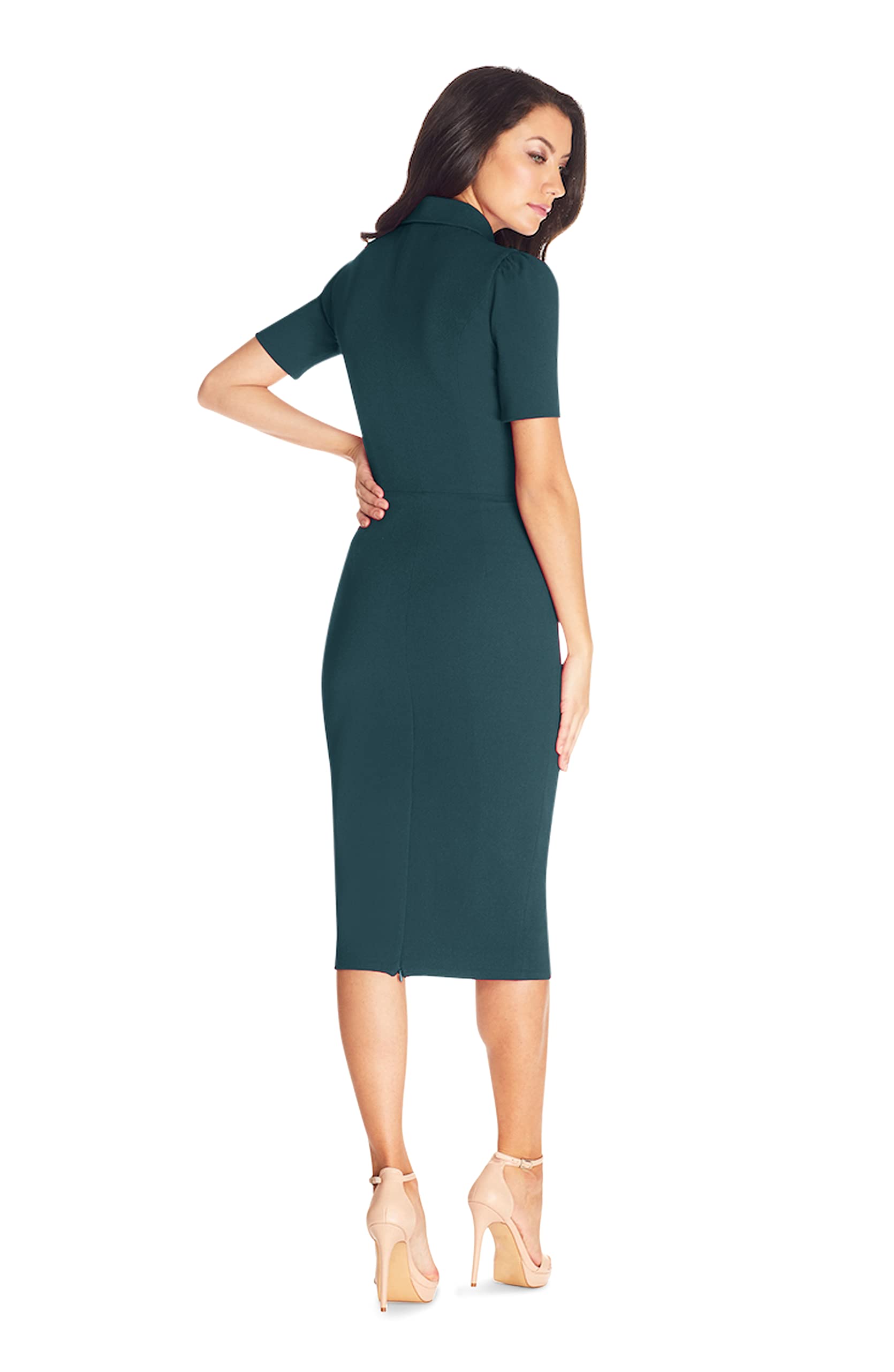 Dress the Population Women's Gloria Collared Zip Neck Short Sleeve Bodycon Midi Dress - Perfect for Cocktail Parties, Date Nights & Office Wear