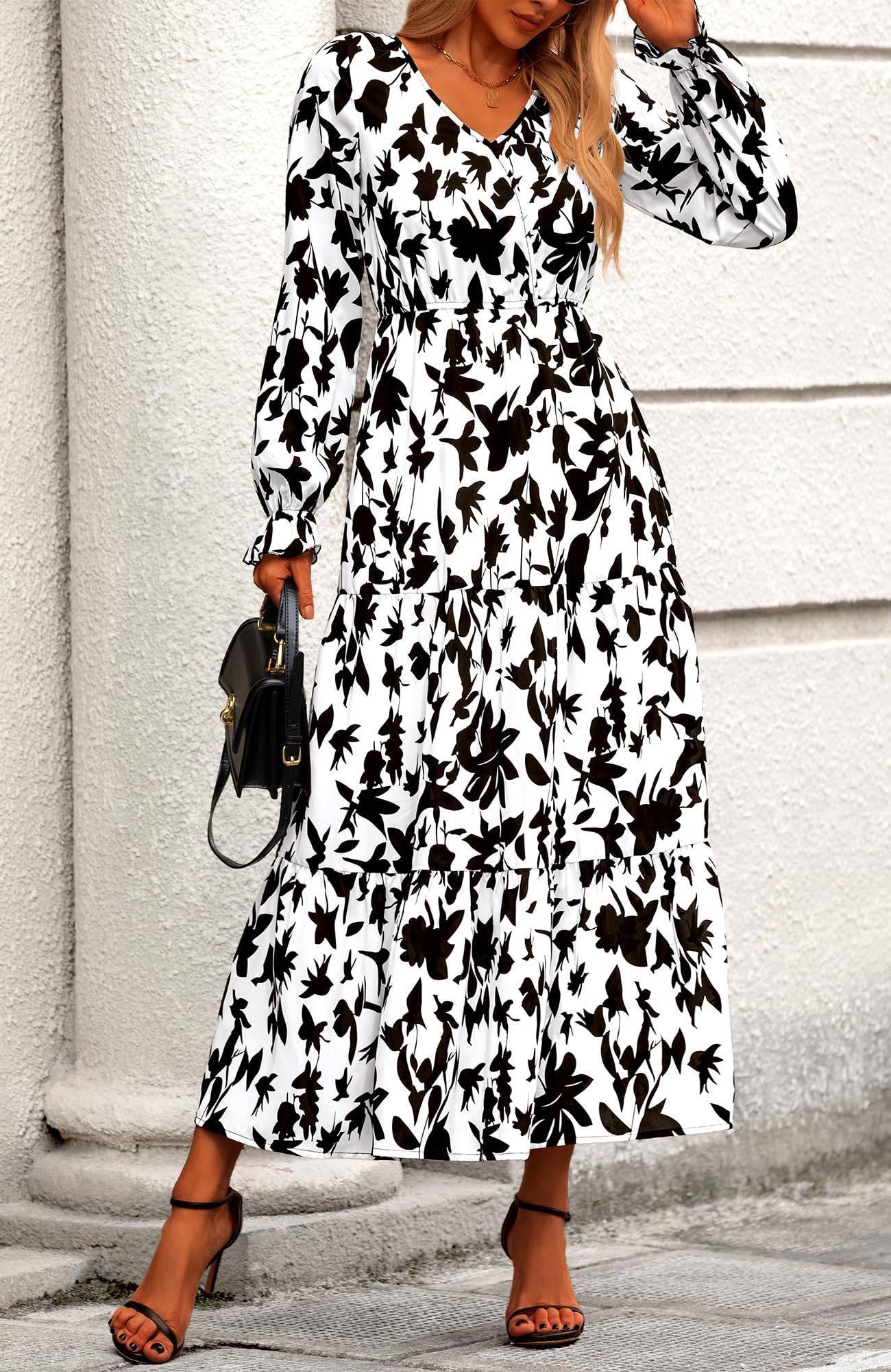 BTFBM Women's Floral Boho Maxi Dress 2025 - Long Sleeve V-Neck Casual Spring Dress for Wedding Guest, Beach Vacation & Date Night