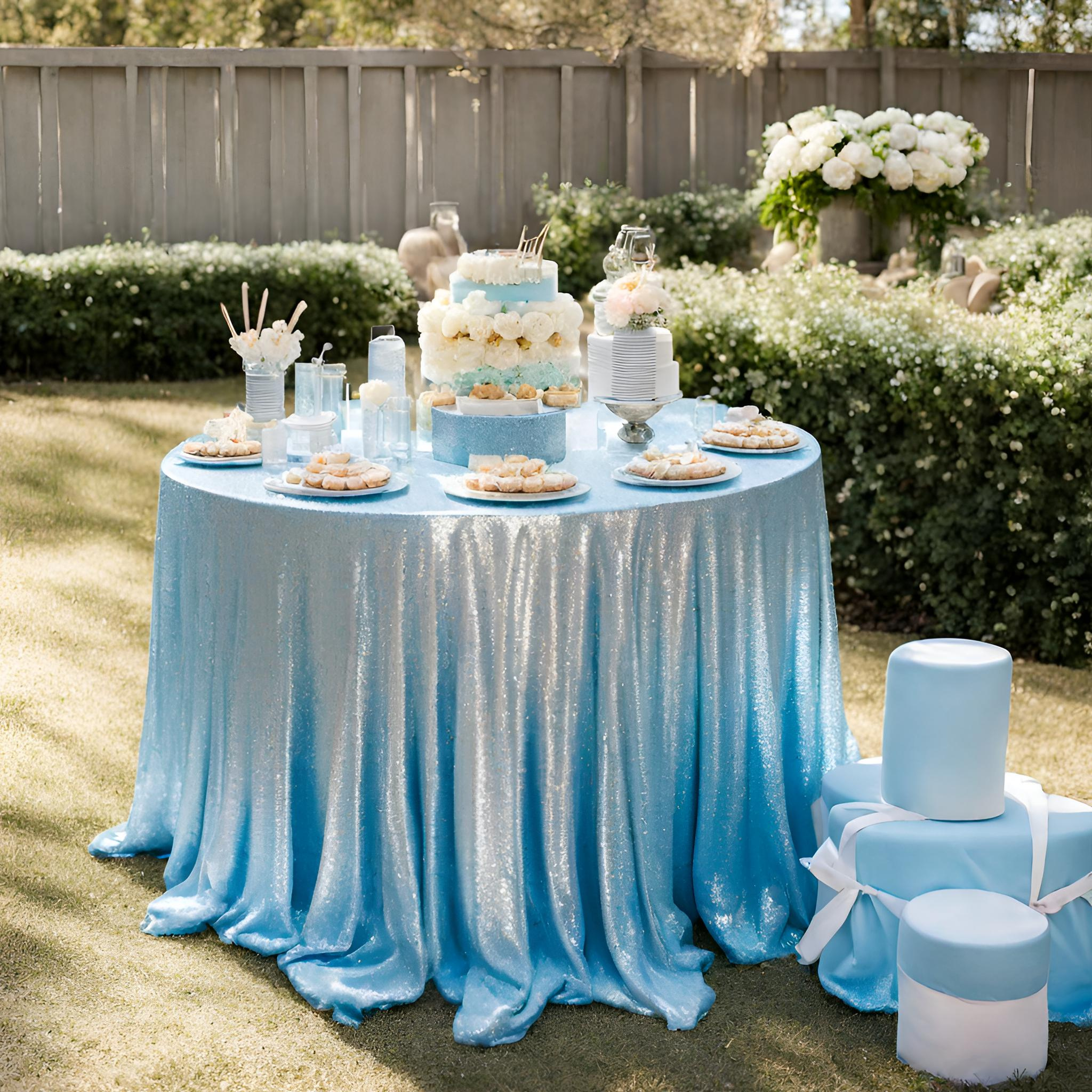 Glitz Sequins 120 Round Tablecloth - Baby Blue Sparkling Party Table Cover for Weddings, Baby Showers & Special Events